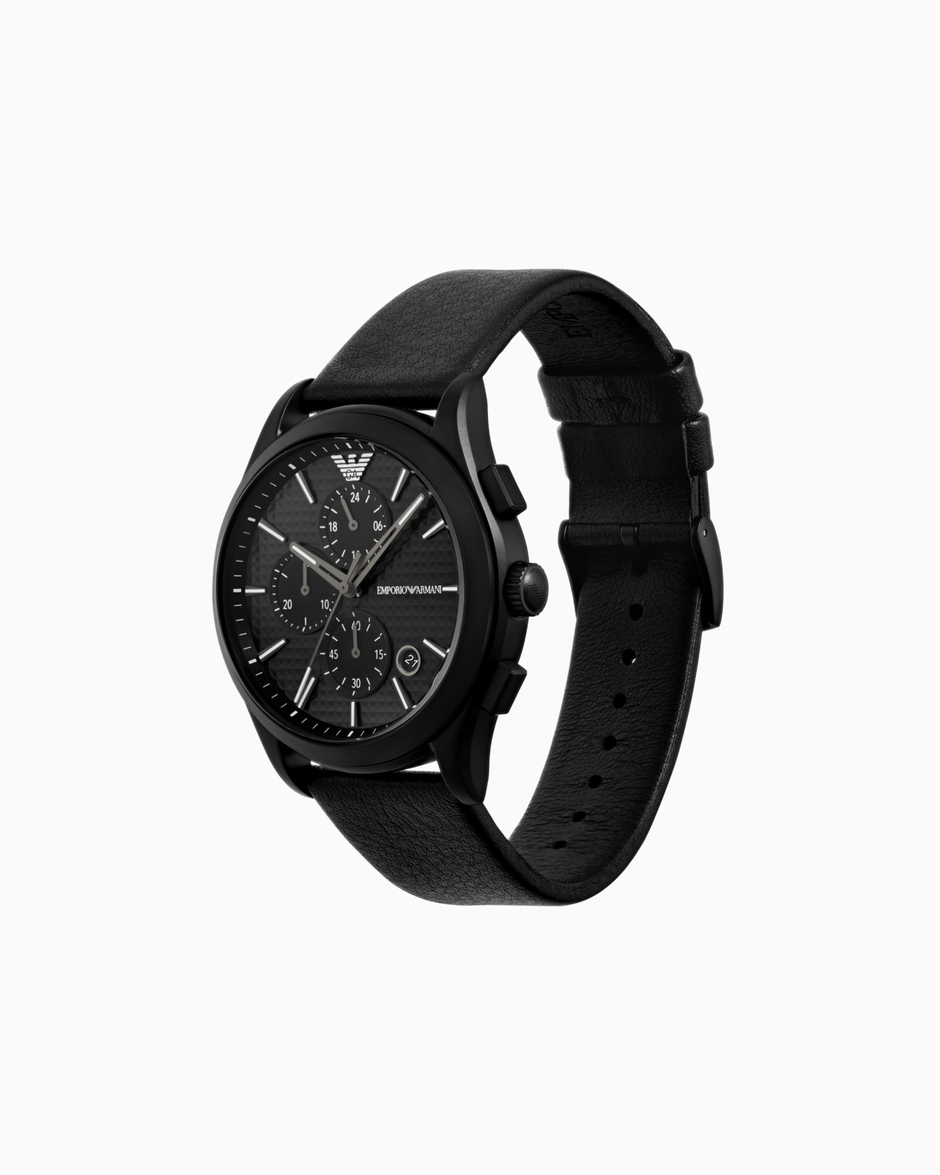Coffret montre et bracelet chronographe en cuir noir Diapositive 1