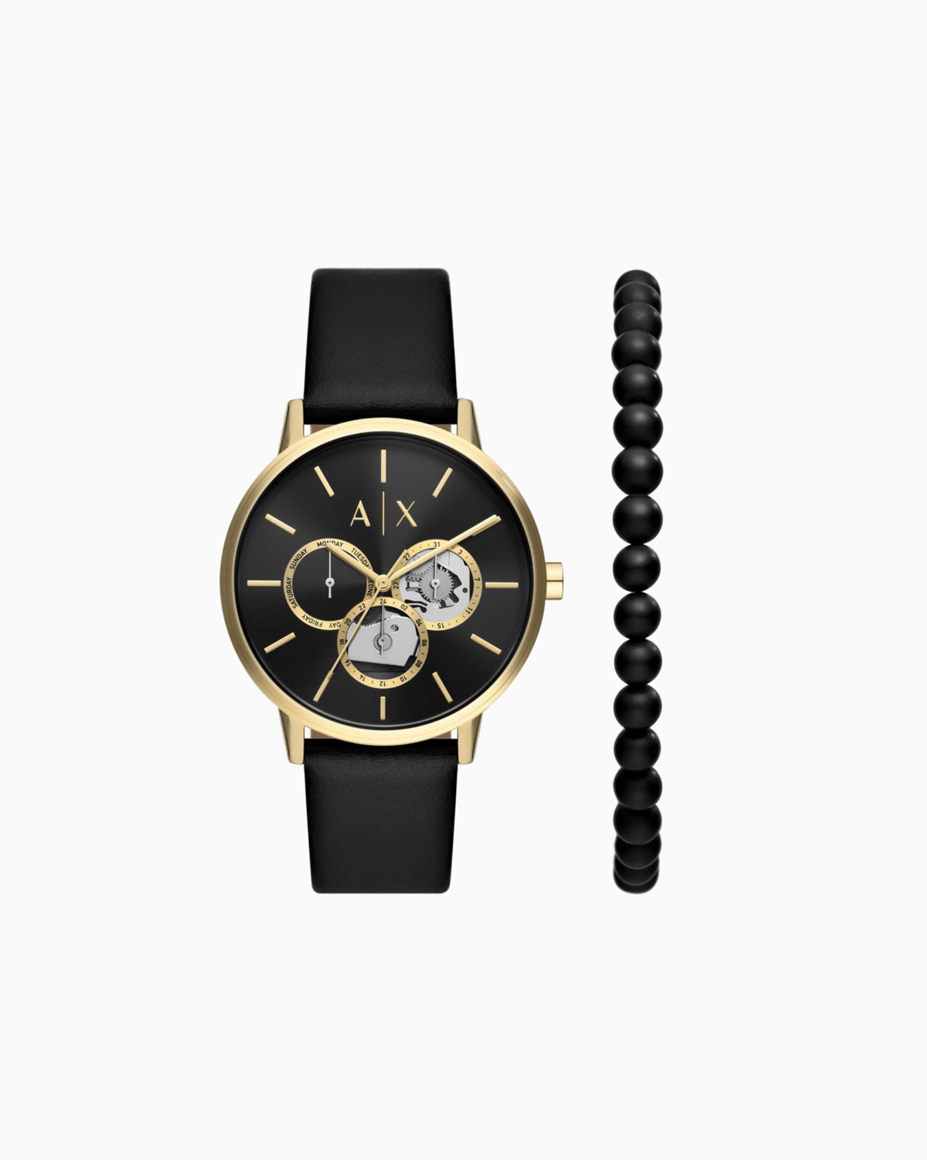 Conjunto de reloj multifunción de piel negra y pulsera de cuentas de ónix negro Diapositiva 0