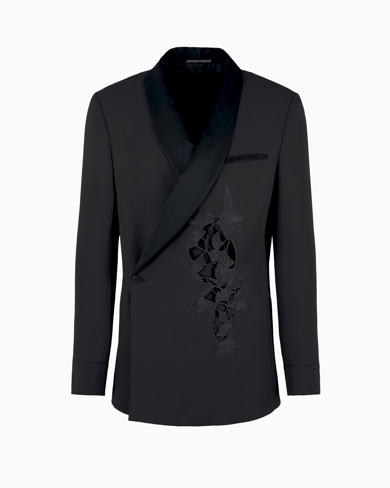 Shawl-collar jacket with a wrap fastening in a compact virgin-wool gabardine with ginkgo embroidery and cut-outs Slide 0