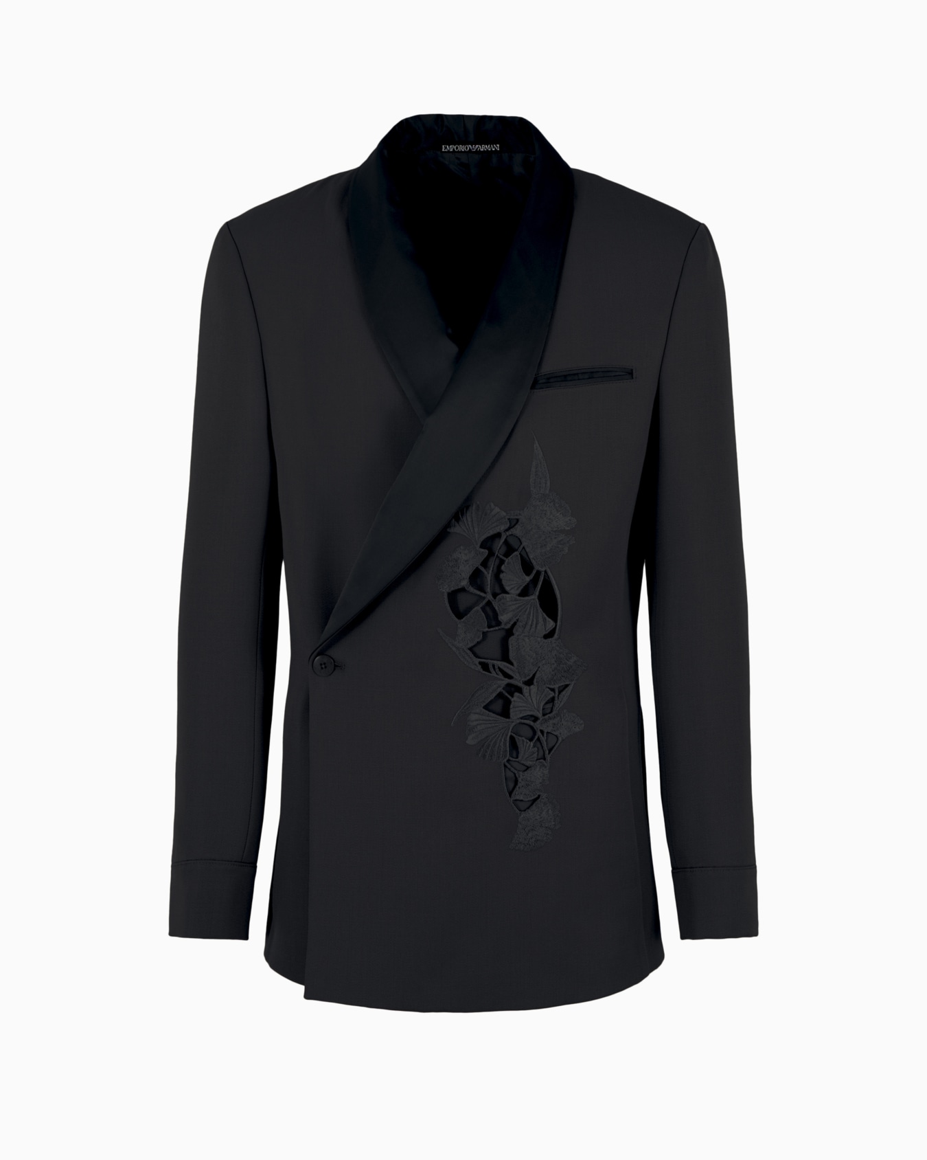 Shawl-collar jacket with a wrap fastening in a compact virgin-wool gabardine with ginkgo embroidery and cut-outs Slide 0