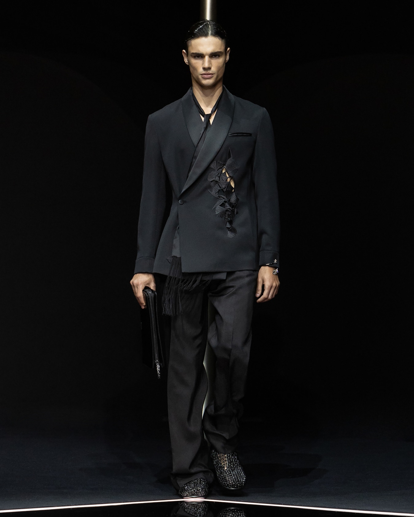 Shawl-collar jacket with a wrap fastening in a compact virgin-wool gabardine with ginkgo embroidery and cut-outs Slide 2
