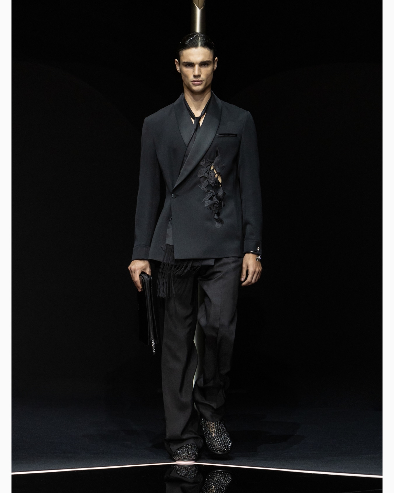Shawl-collar jacket with a wrap fastening in a compact virgin-wool gabardine with ginkgo embroidery and cut-outs Slide 1