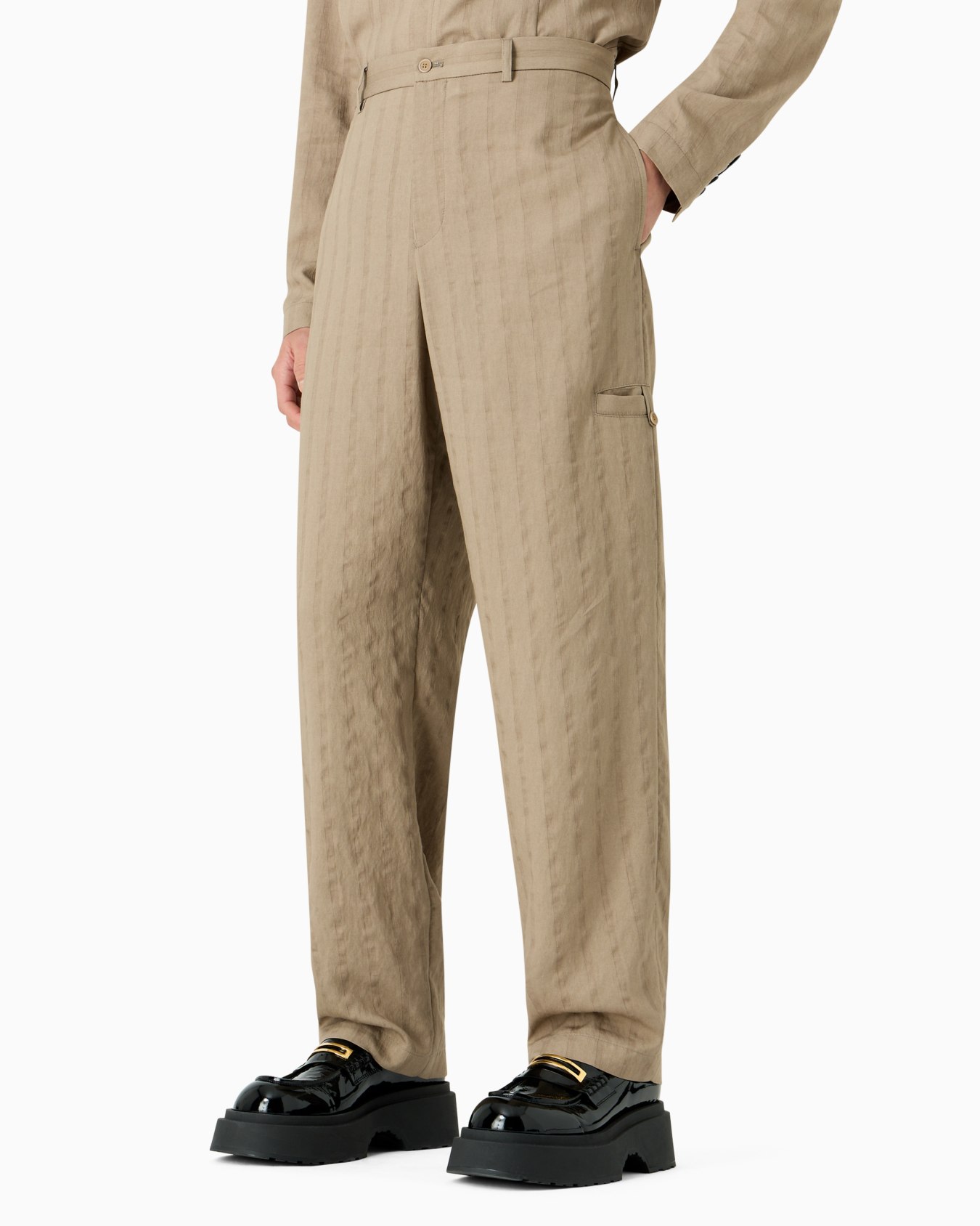Trousers with monochromatic stripes in a peach-feel viscose-blend Slide 2