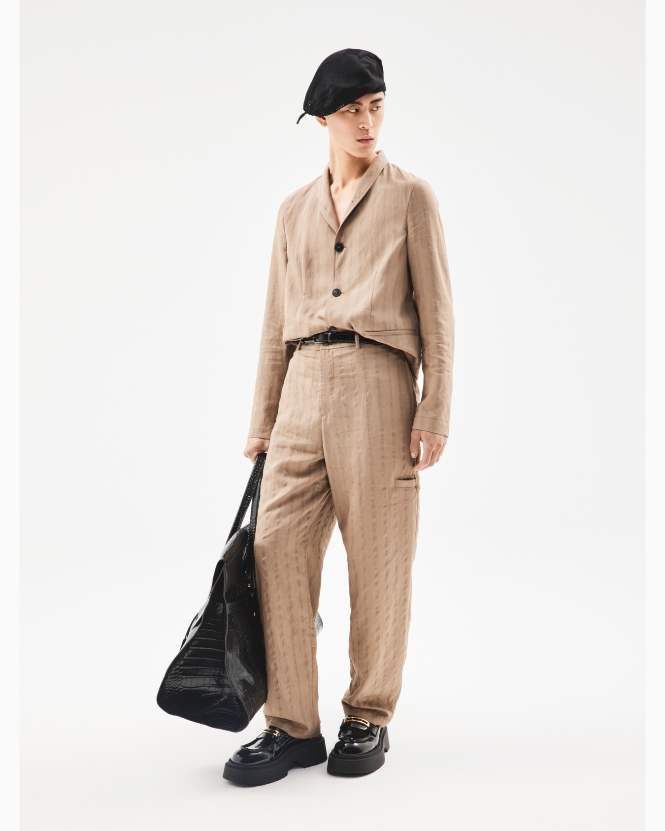 Trousers with monochromatic stripes in a peach-feel viscose-blend Slide 6