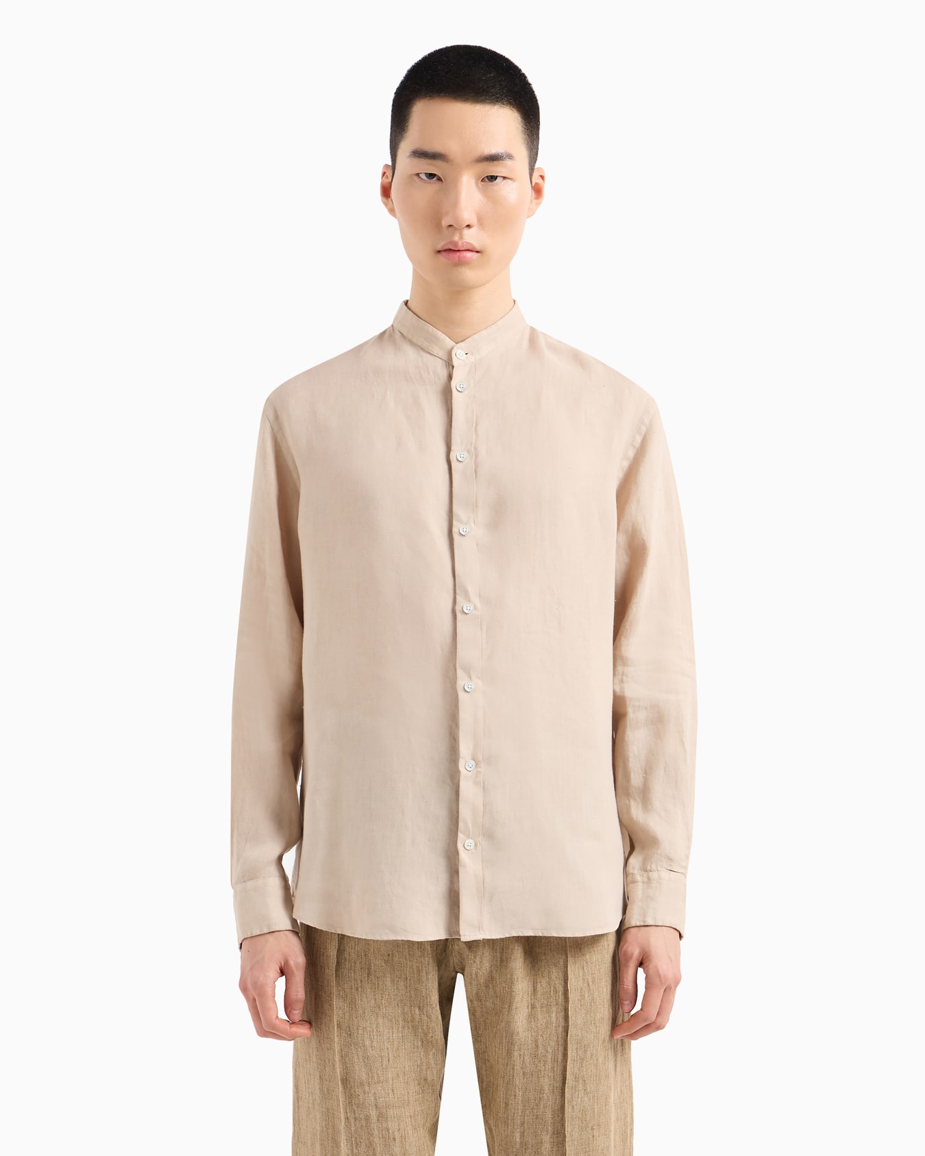 Garment-dyed linen shirt with guru collar Slide 1