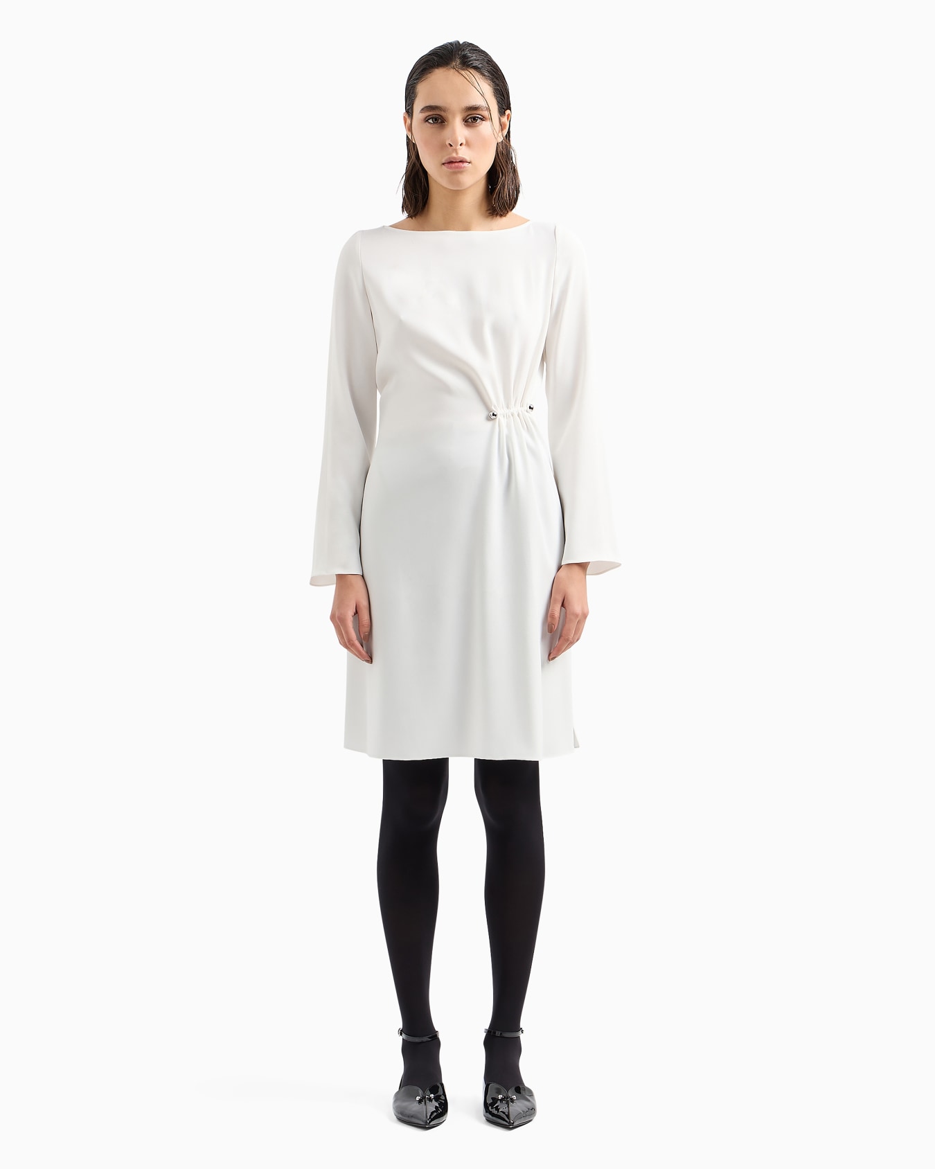 Draped envers satin tunic dress with piercing-style closure Slide 1