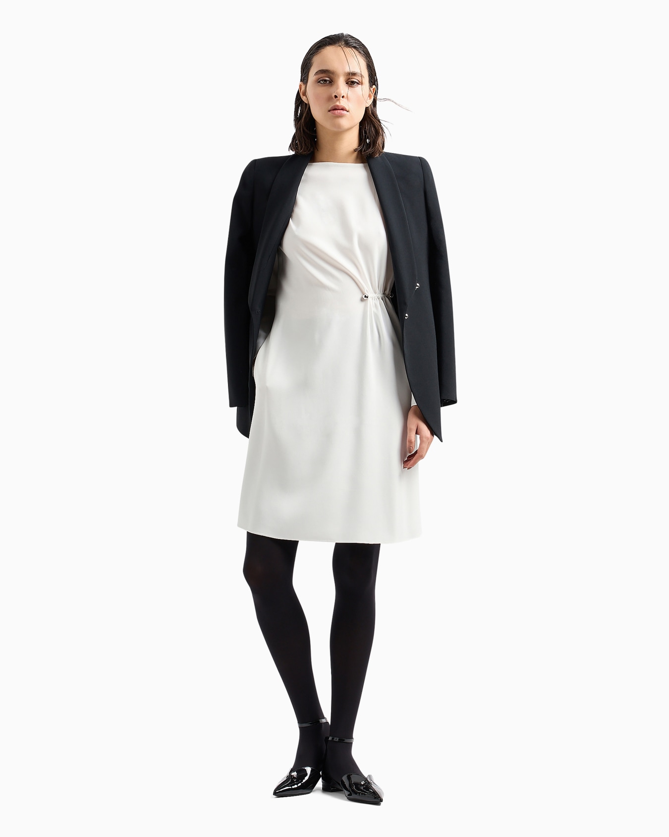 Draped envers satin tunic dress with piercing-style closure Slide 3