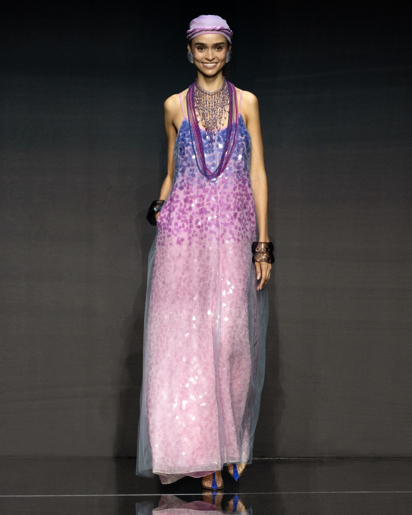 Silk organza dress with gradient shade motif and all-over bead and sequin embroidery Slide 7