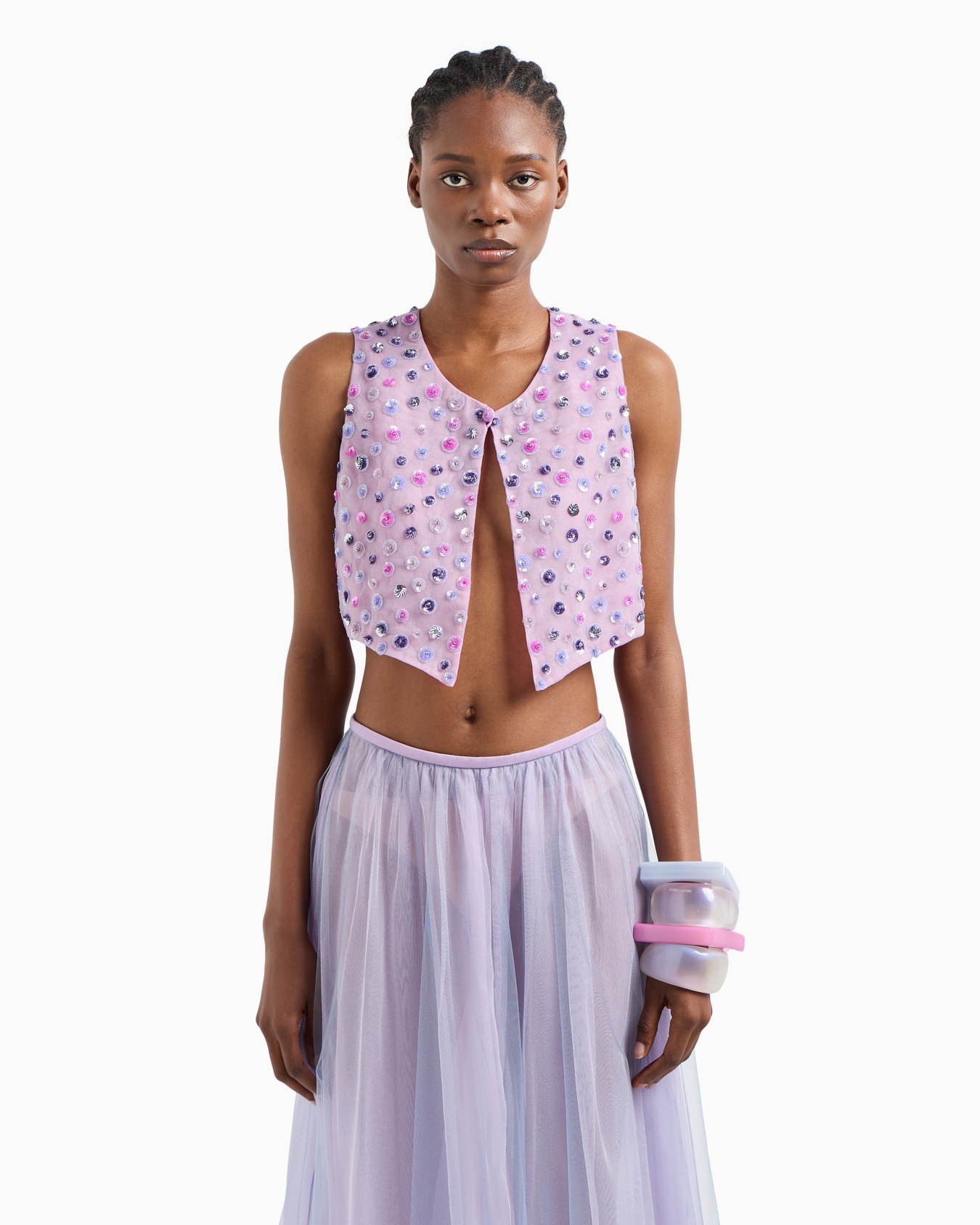 Petit gilet court en tulle avec broderie de paillettes girouette effet pois Diapositive 2