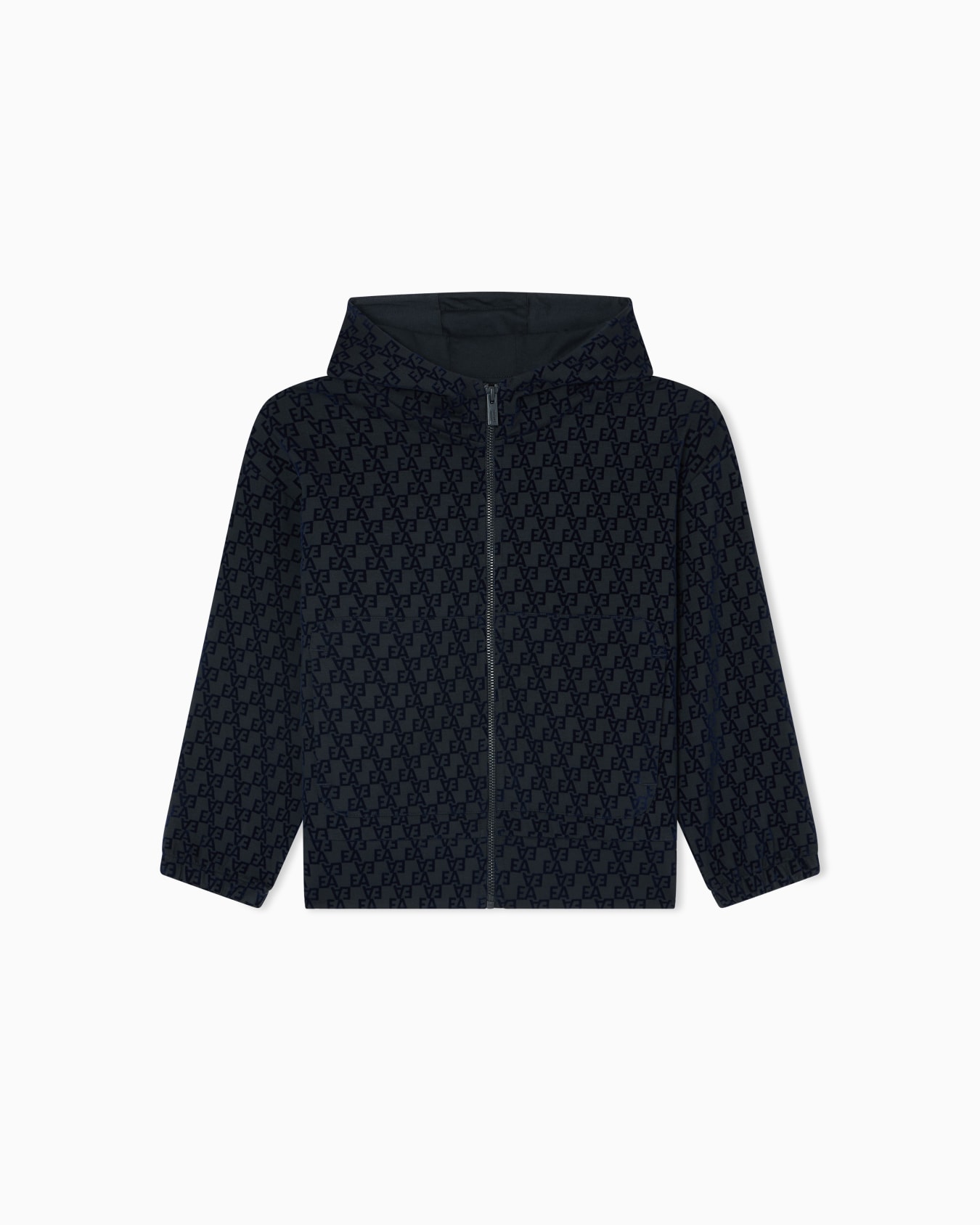 Oversized sweatshirt with a zip and hood, in interlock jersey with an all-over flocked EA logo Slide 0