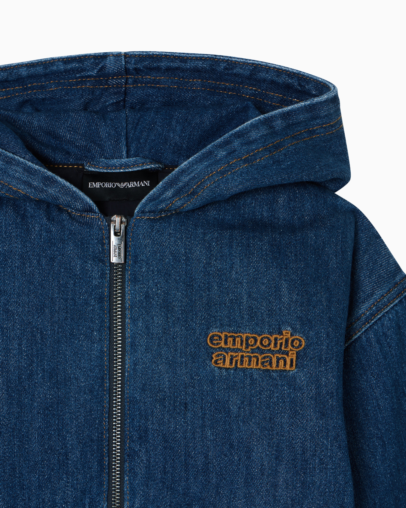 Blouson con zip e cappuccio in denim e ricamo logo Slide 1