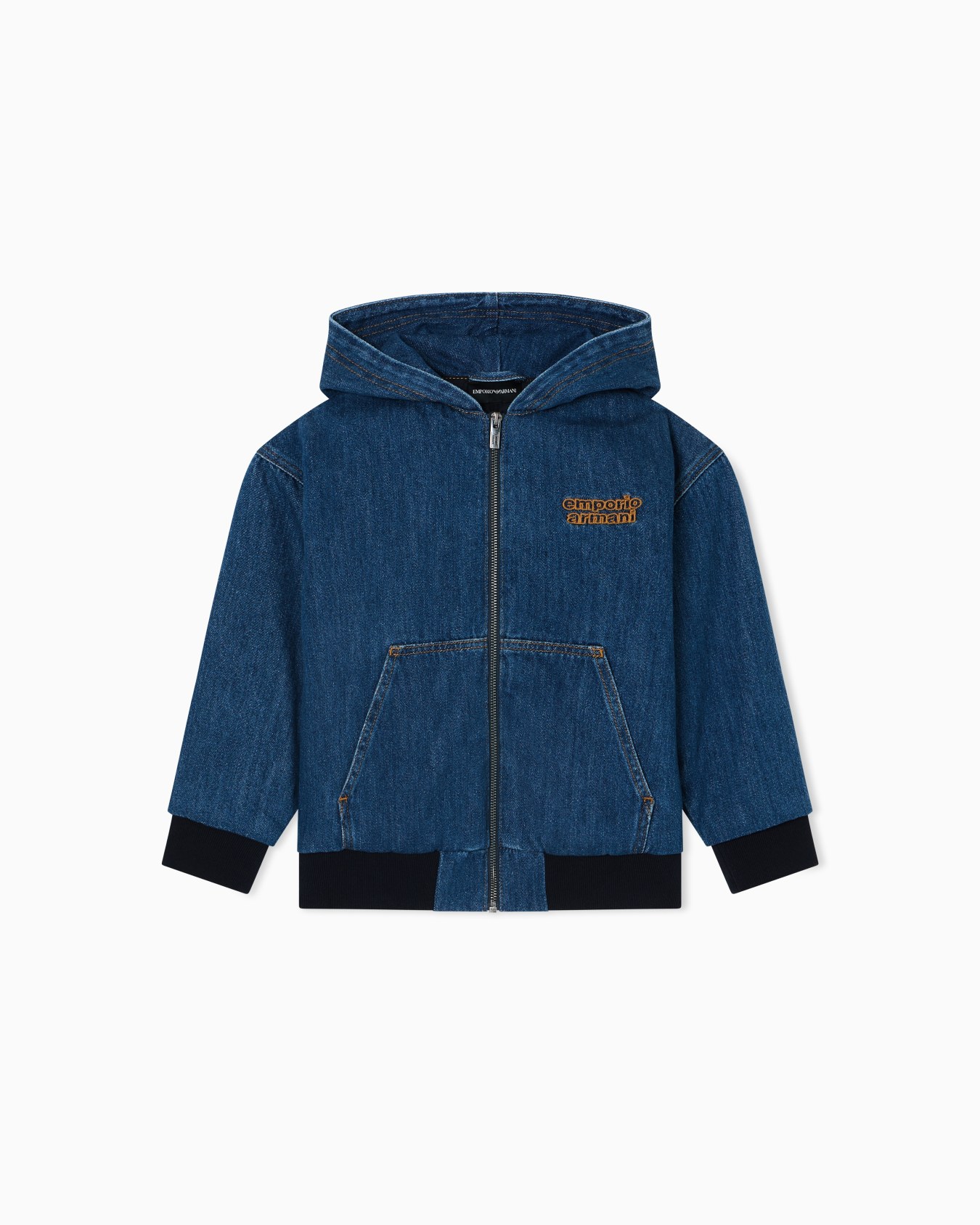 Blouson con zip e cappuccio in denim e ricamo logo Slide 0
