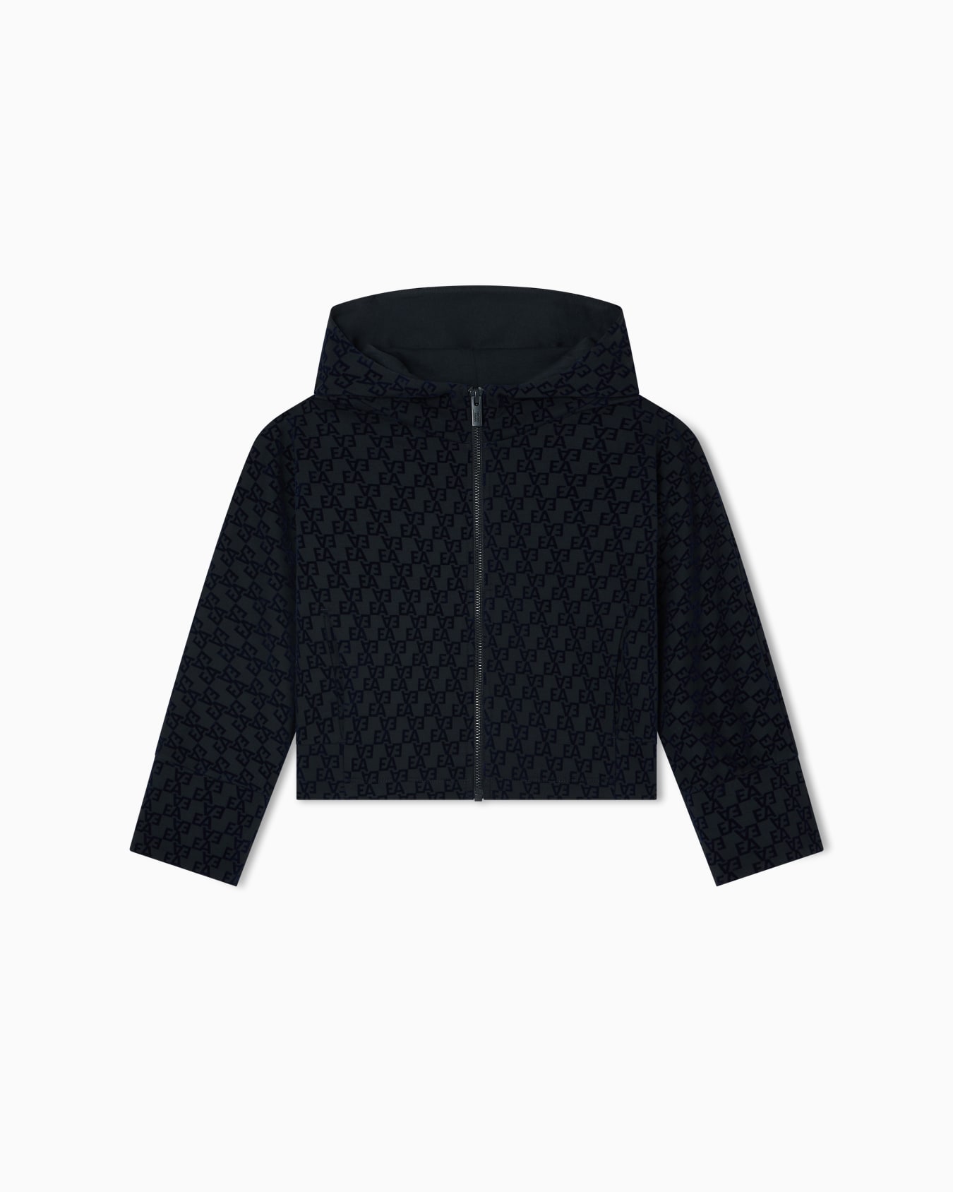 Hooded, zip-up sweatshirt in interlock jersey with all-over flocked EA logo Slide 0