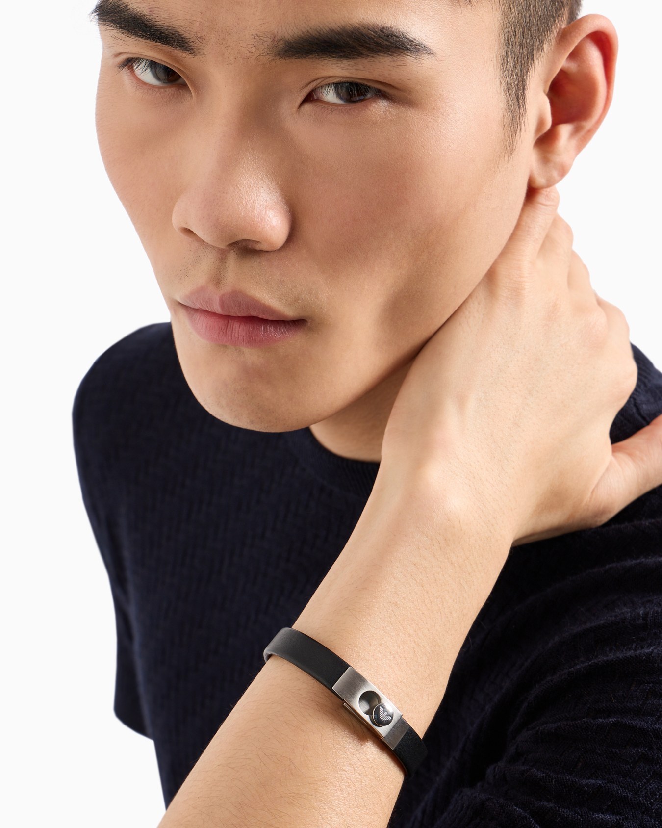Stainless Steel and Black Leather Strap Bracelet Slide 1