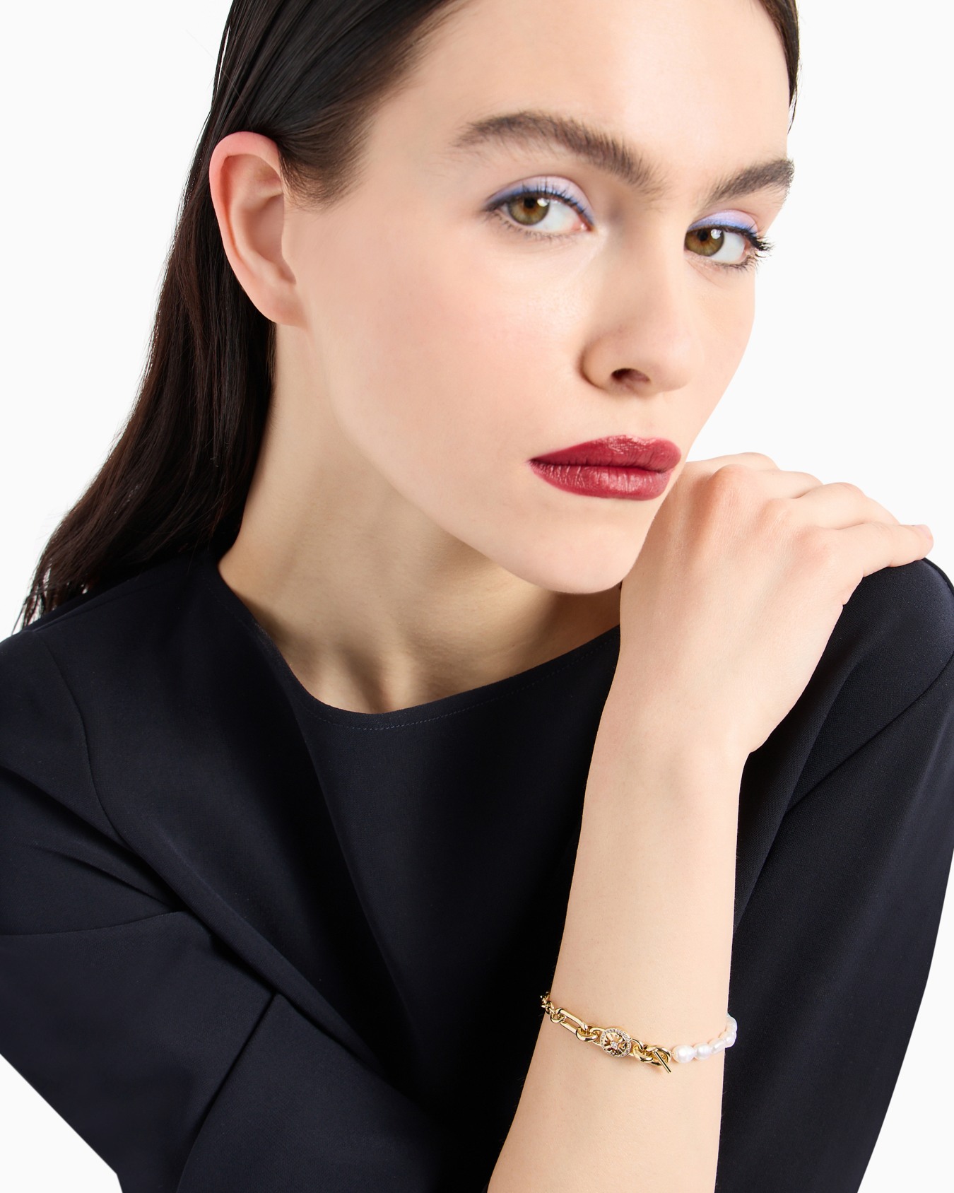 Gold-Tone Brass and White Fresh Water Pearls Station Bracelet Slide 1