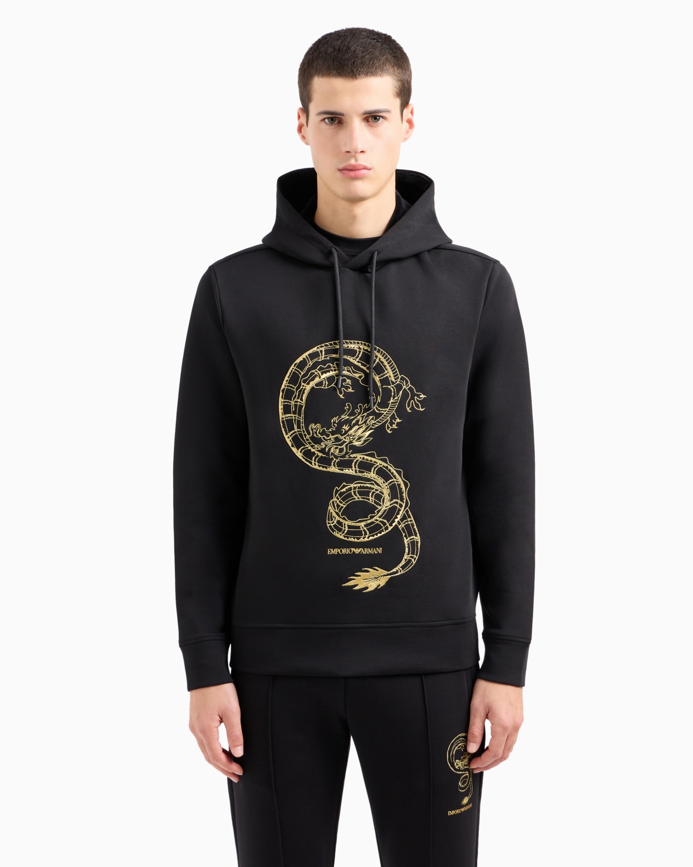 Double-jersey hooded sweatshirt with dragon embroidery Slide 1