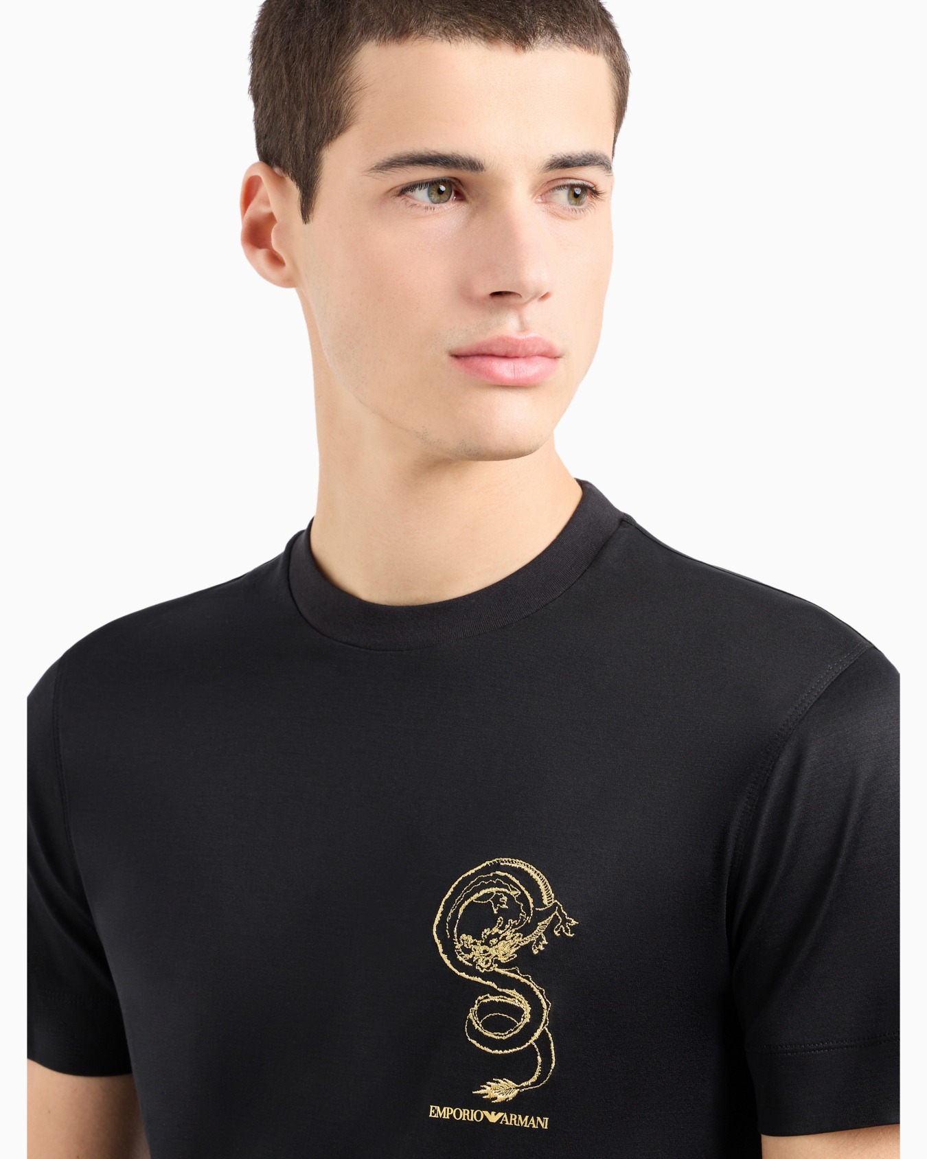 Armani Sustainability Values Lyocell-blend jersey T-shirt with dragon embroidery Slide 4