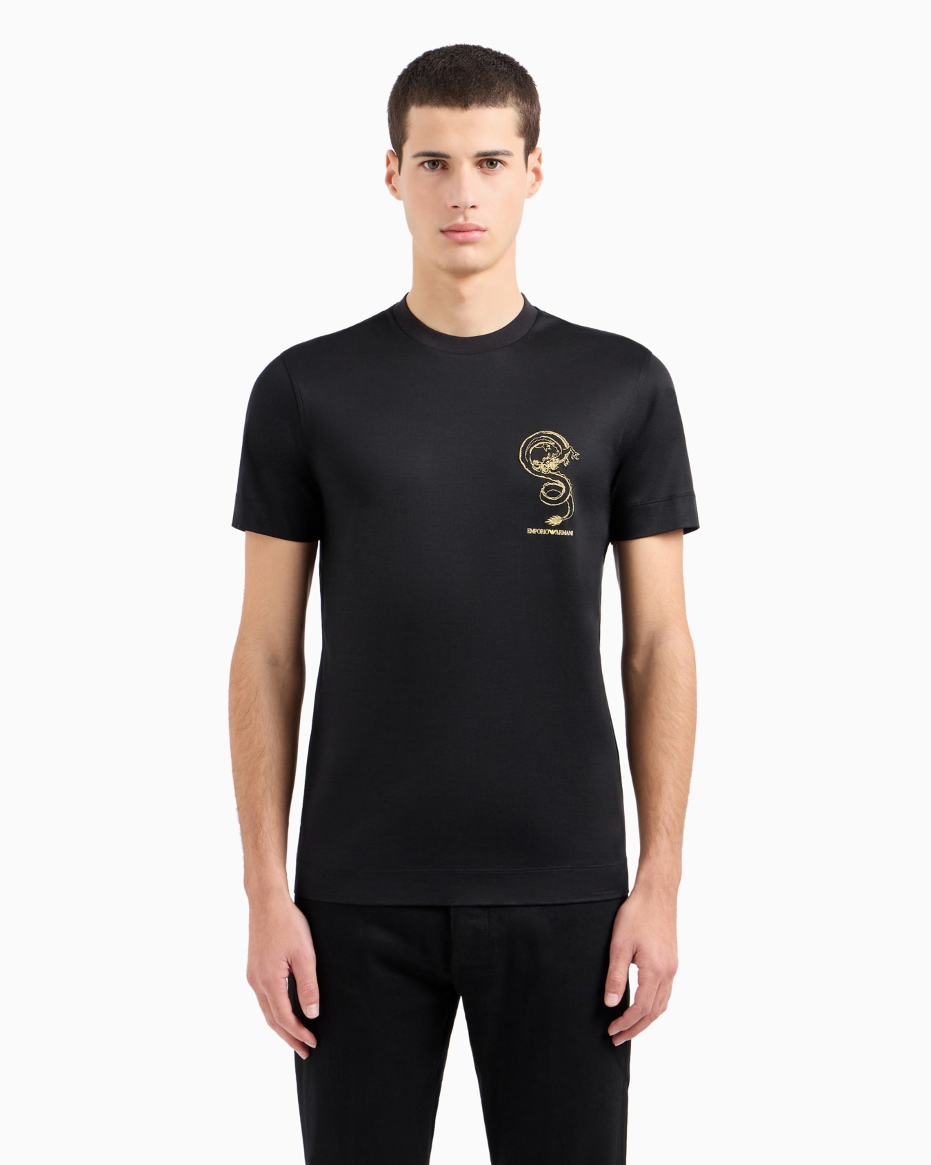 Armani Sustainability Values Lyocell-blend jersey T-shirt with dragon embroidery Slide 1