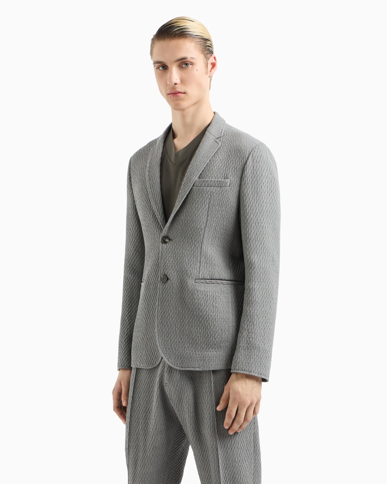 Veste à simple boutonnage en maille stretch de jersey en laine vierge effet 3D Diapositive 1