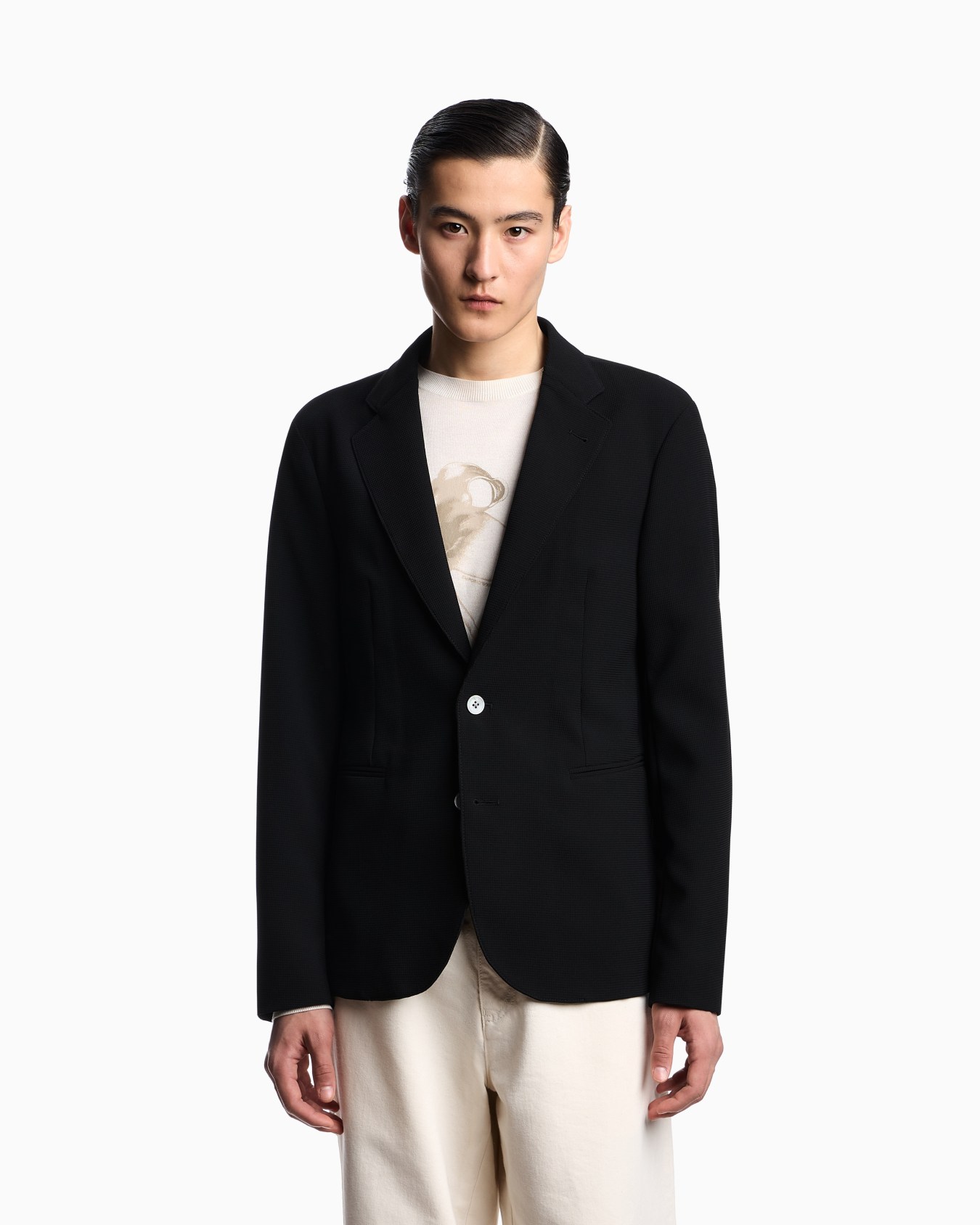 Icon single-breasted jacket in piqué-effect micro-textured crêpe jersey Slide 3