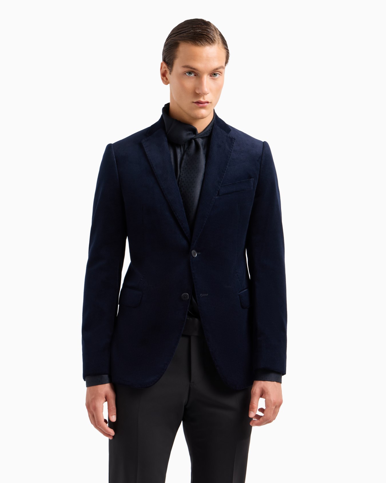Schmal geschnittenes, einreihiges Slim Fit Sakko aus glattem Samt mit Allover-Print Folie 1