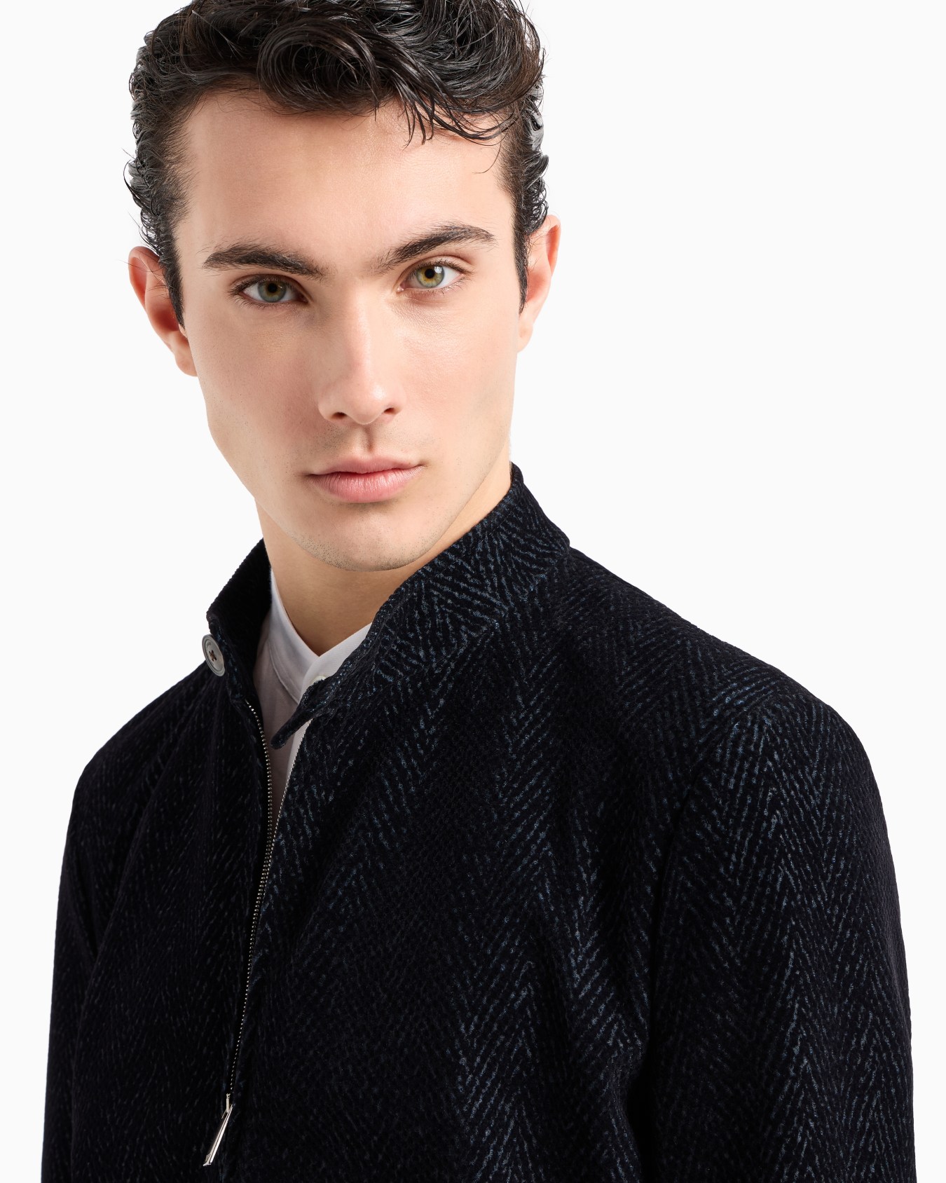 Guru-collared, zip-up mesh jacket with all-over chevron flock print Slide 4