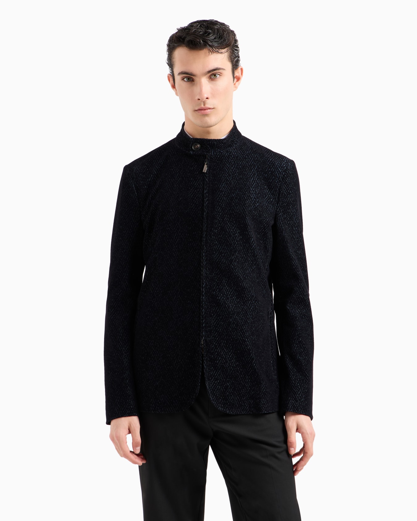 Guru-collared, zip-up mesh jacket with all-over chevron flock print Slide 1