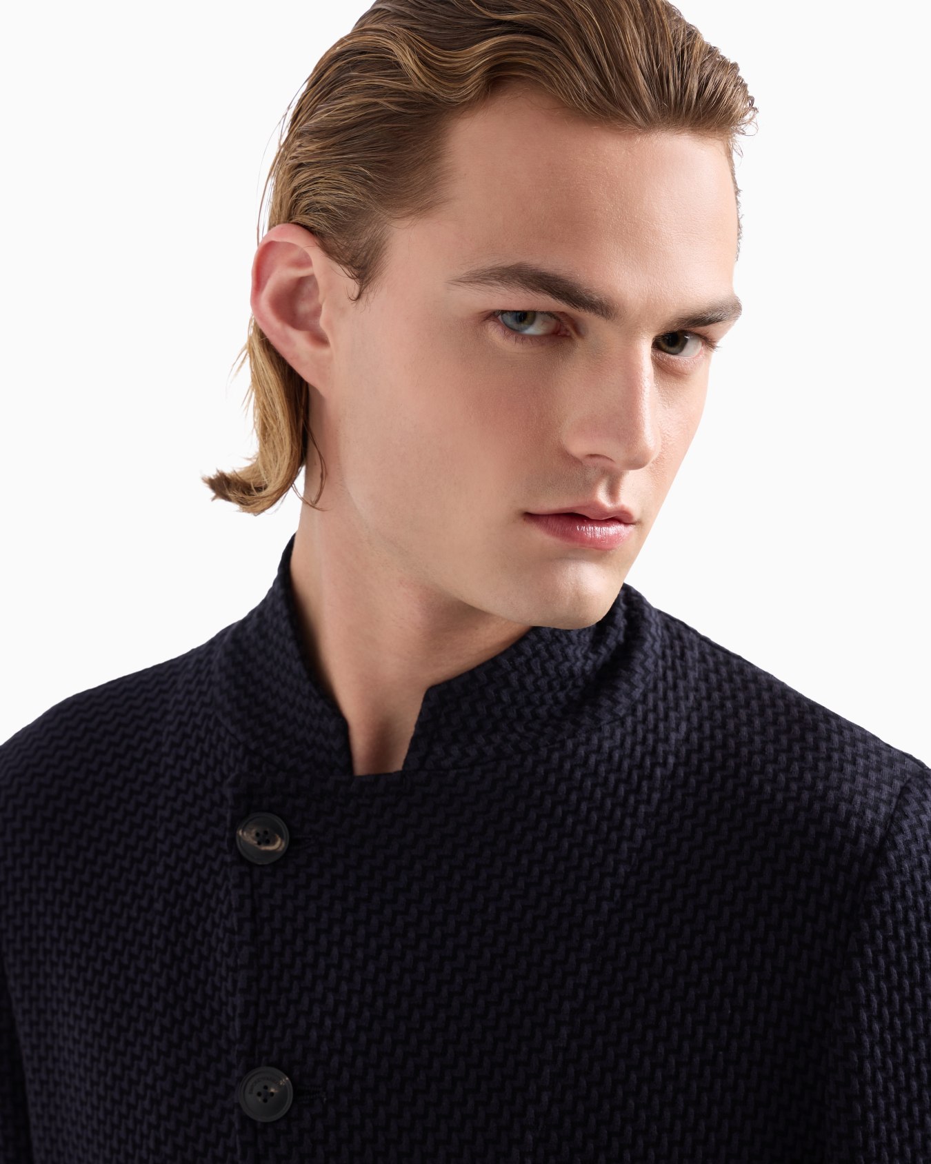 Guru-collar jacket with off-centre fastening in 3D-effect knit jersey Slide 4