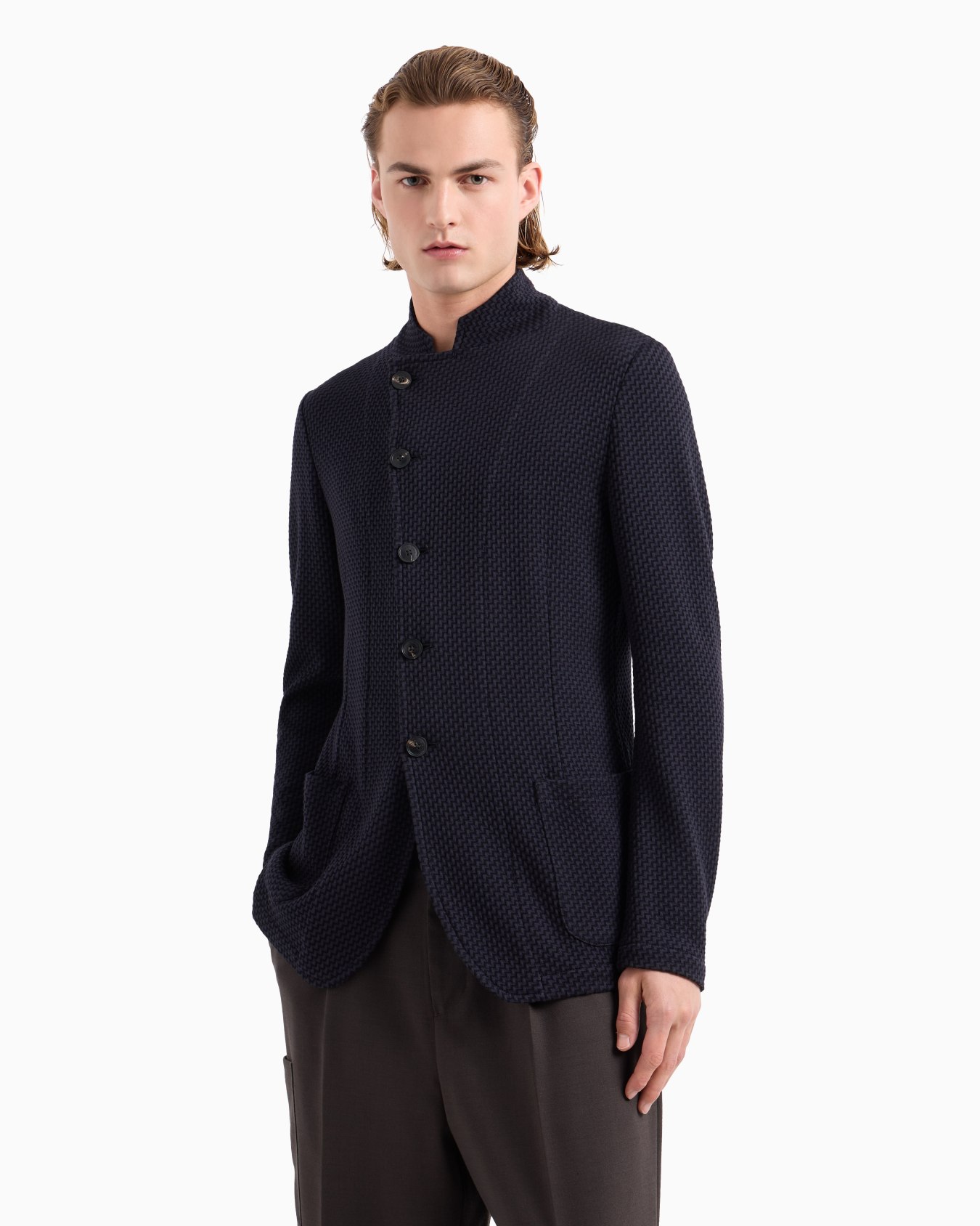 Guru-collar jacket with off-centre fastening in 3D-effect knit jersey Slide 1