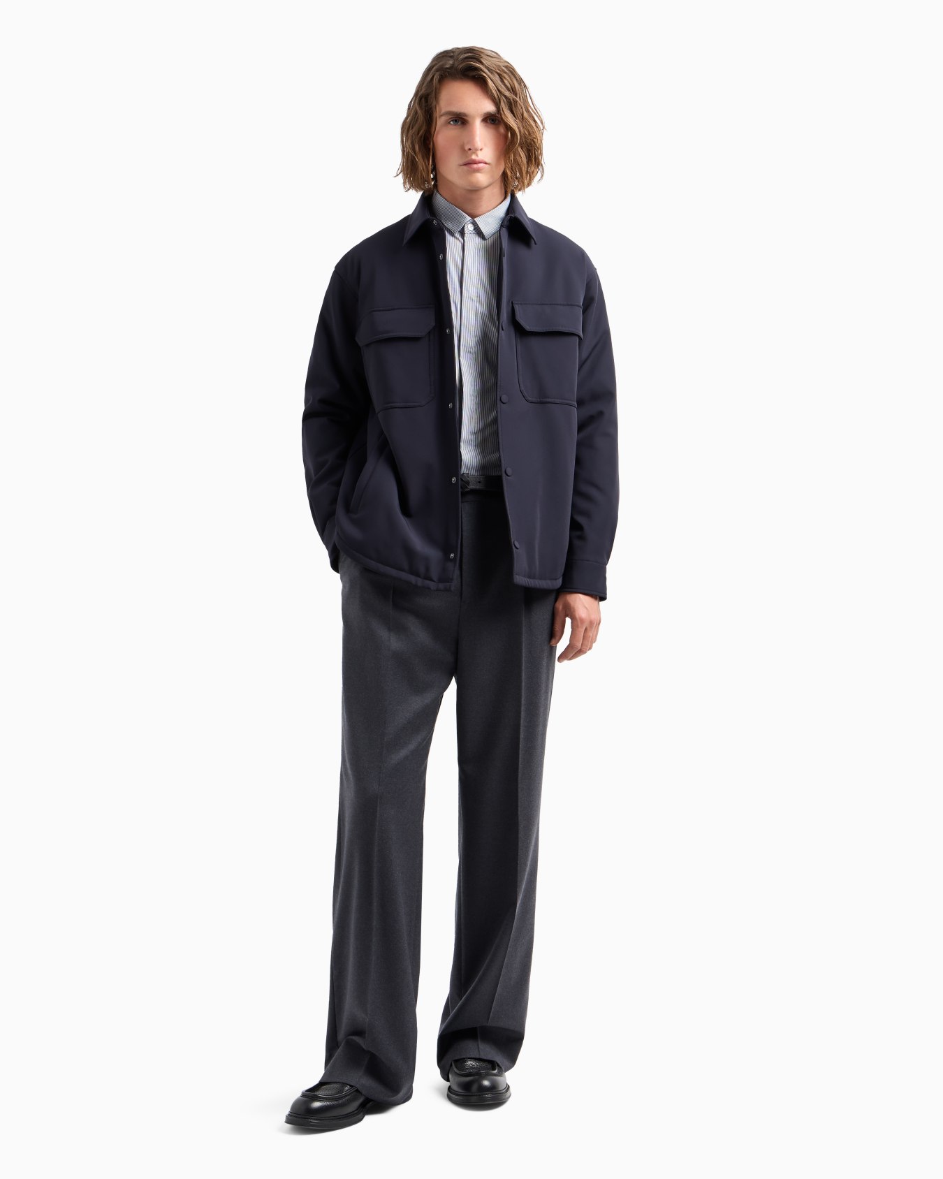 Shirt with a small Italian collar in stretch cotton with jacquard micro-stripes Slide 3