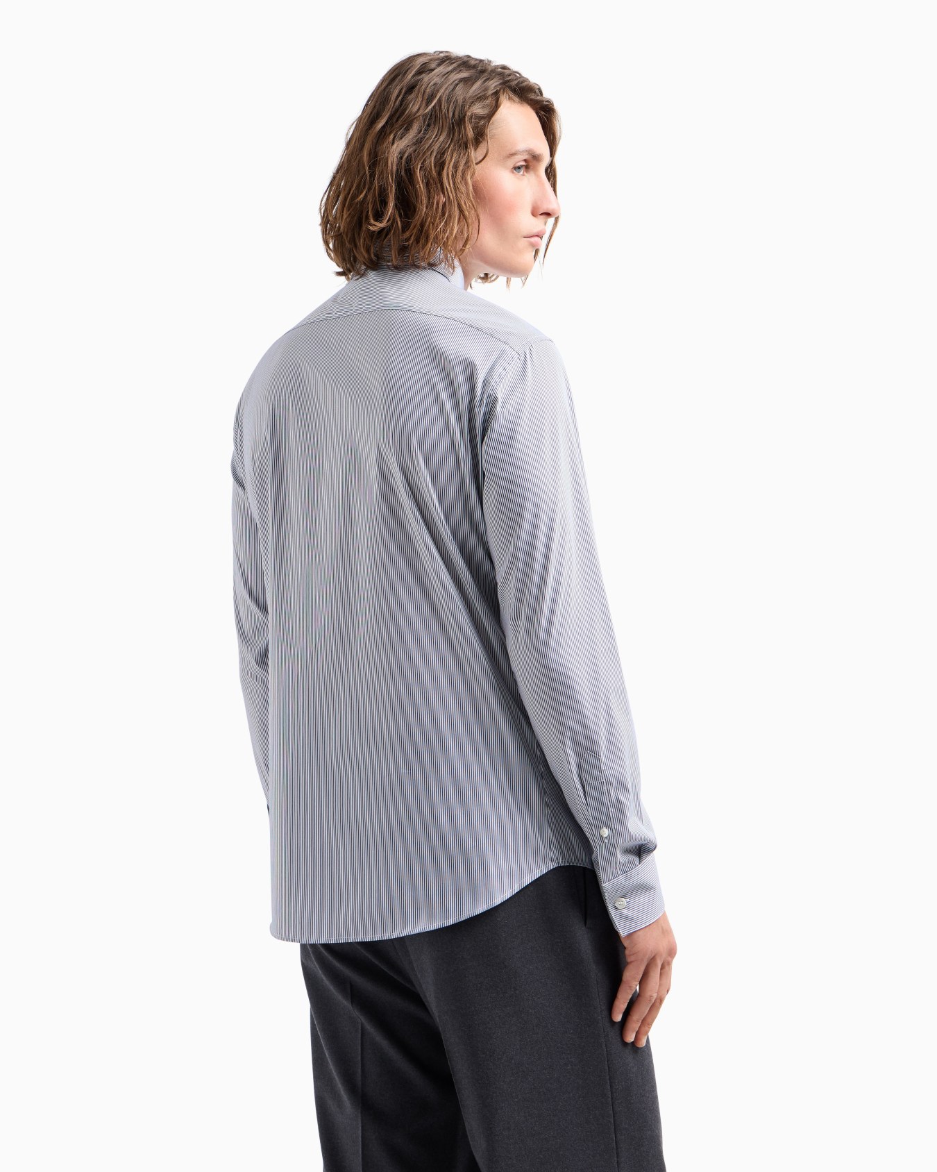 Shirt with a small Italian collar in stretch cotton with jacquard micro-stripes Slide 2