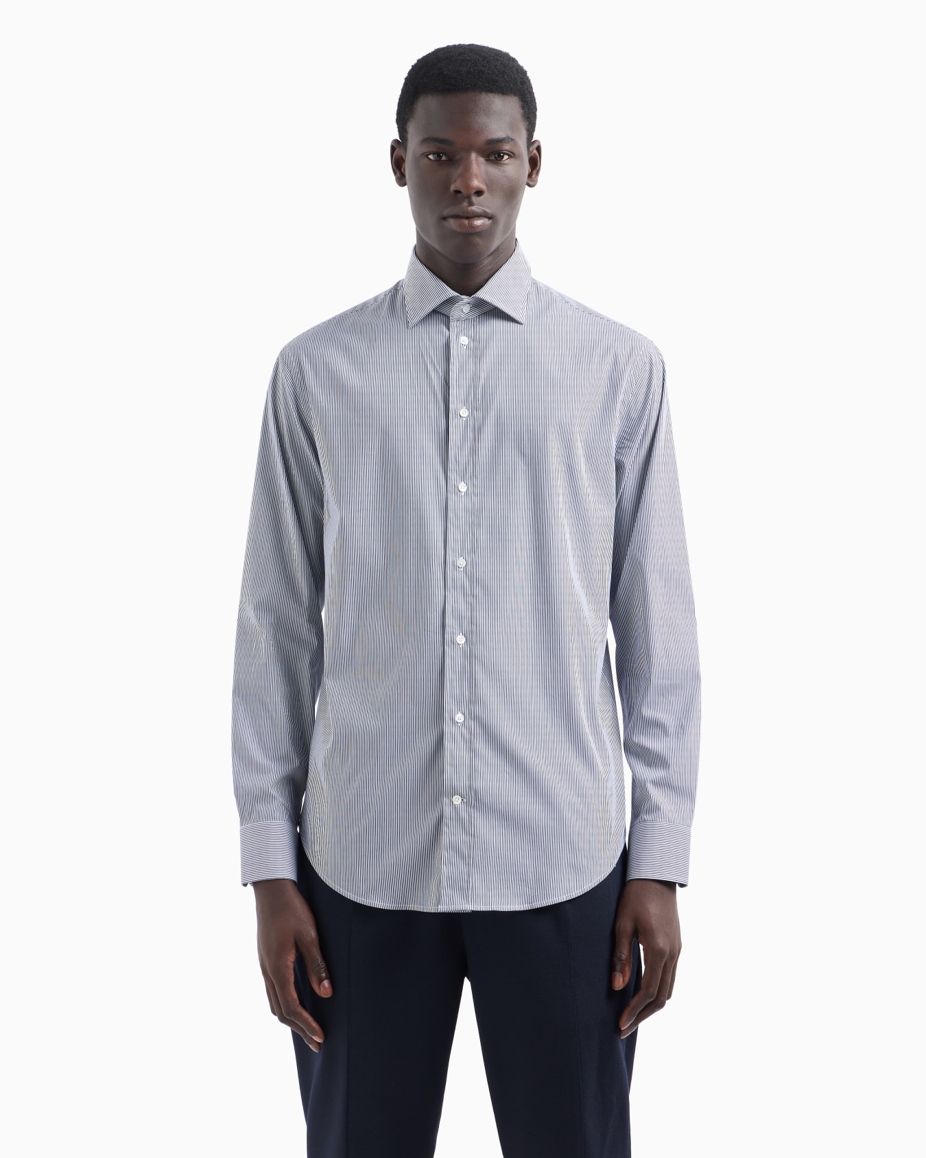 Shirt featuring French collar with stays, made of stretch cotton with jacquard micro stripes Slide 1