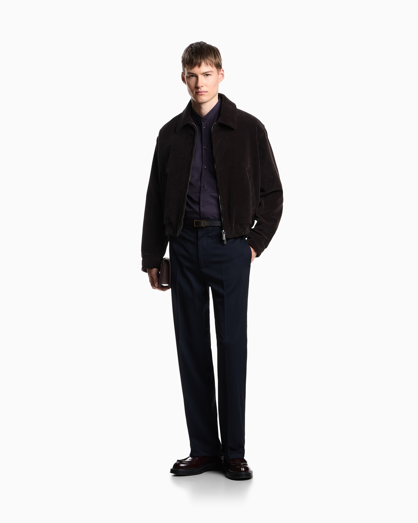 Camicia collo guru in tessuto jacquard effetto armaturato Slide 1