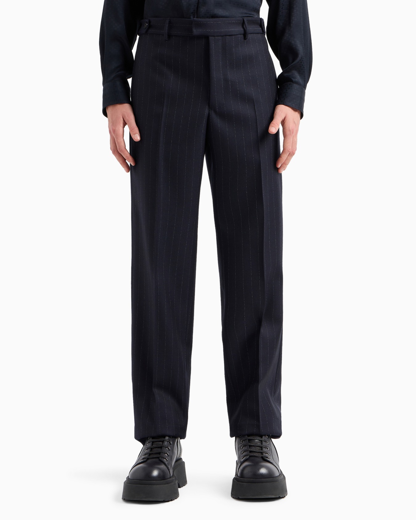 Pinstripe-motif compact virgin wool trousers with strap detail Slide 2