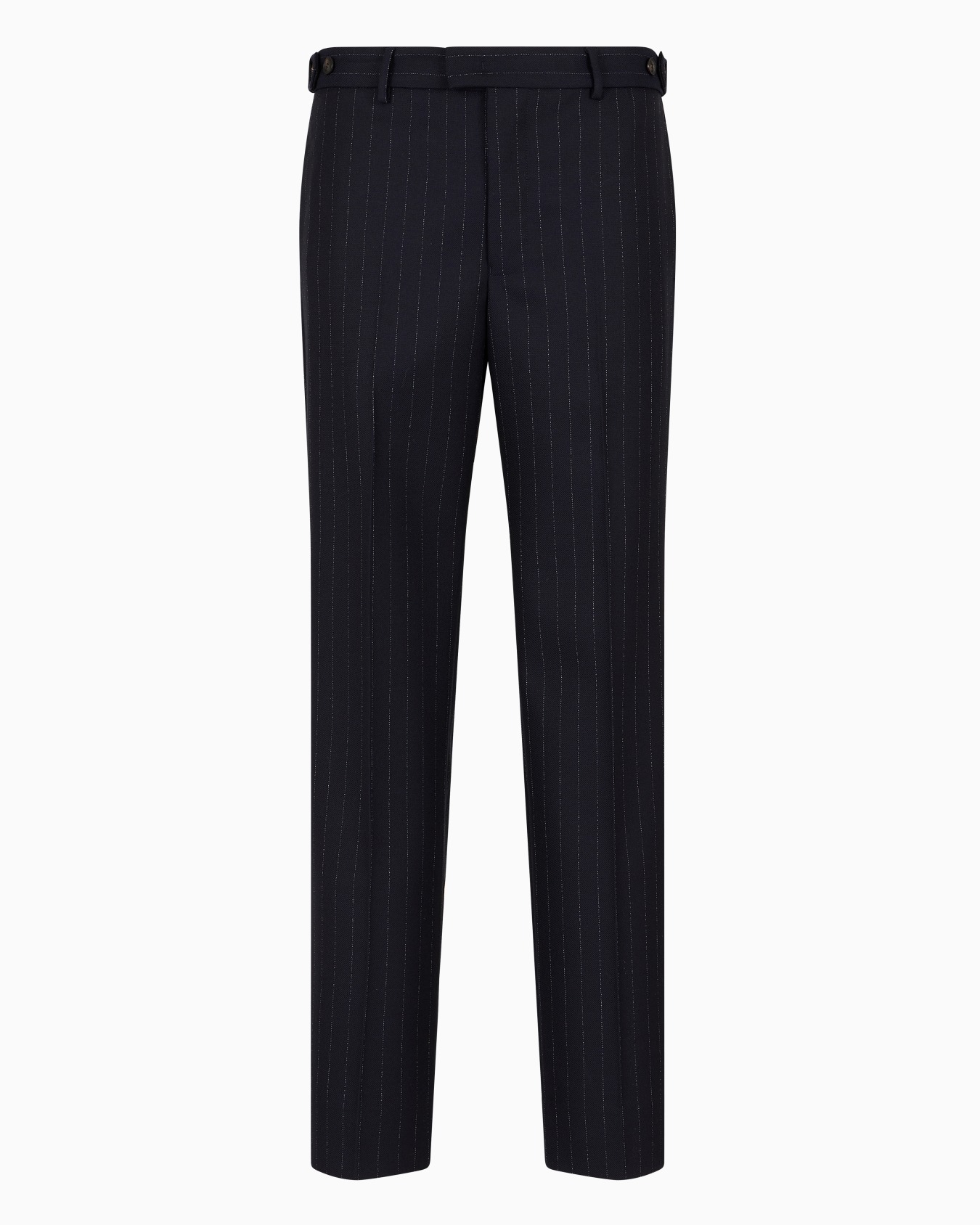 Pinstripe-motif compact virgin wool trousers with strap detail Slide 0