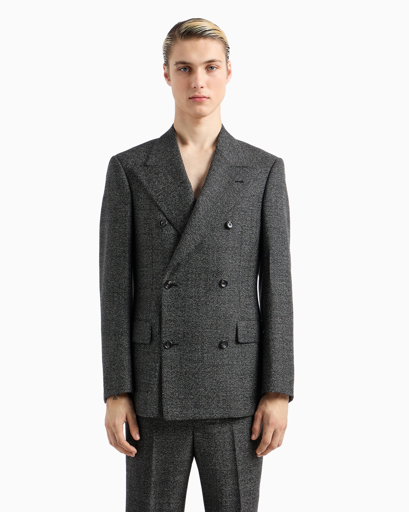 Double-breasted jacket in compact mouliné wool grisaille Slide 2