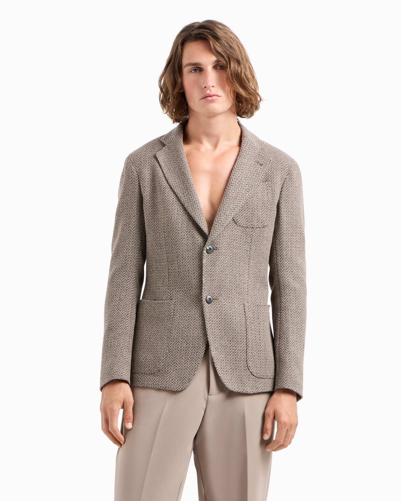 Modern-fit single-breasted jacket in a mouliné virgin-wool blend with chevron motif Slide 1