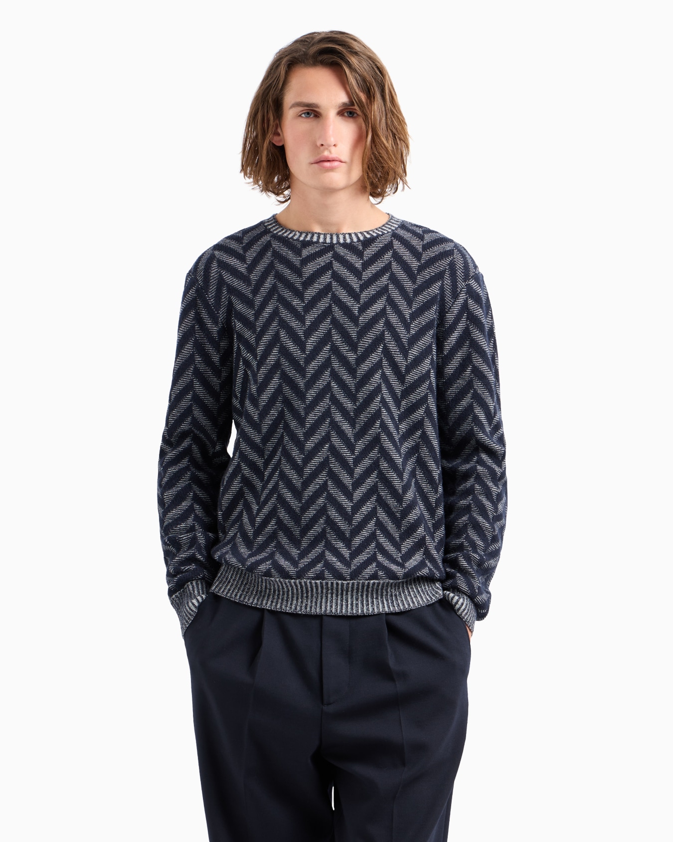 Pull Icon en laine vierge jacquard à motif chevron bicolore Diapositive 1