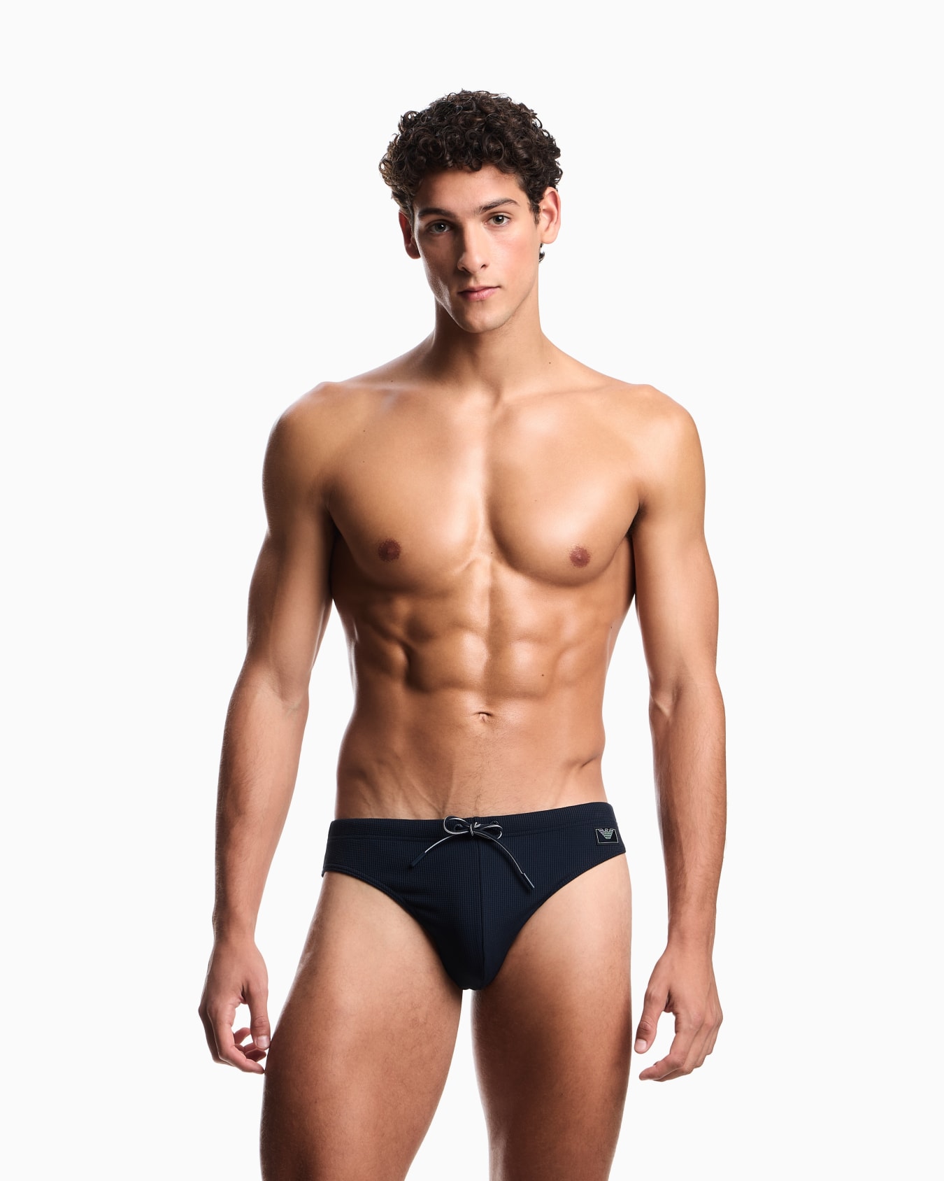 Slip de bain taille basse en tissu piqué avec étiquette en satin Diapositive 1