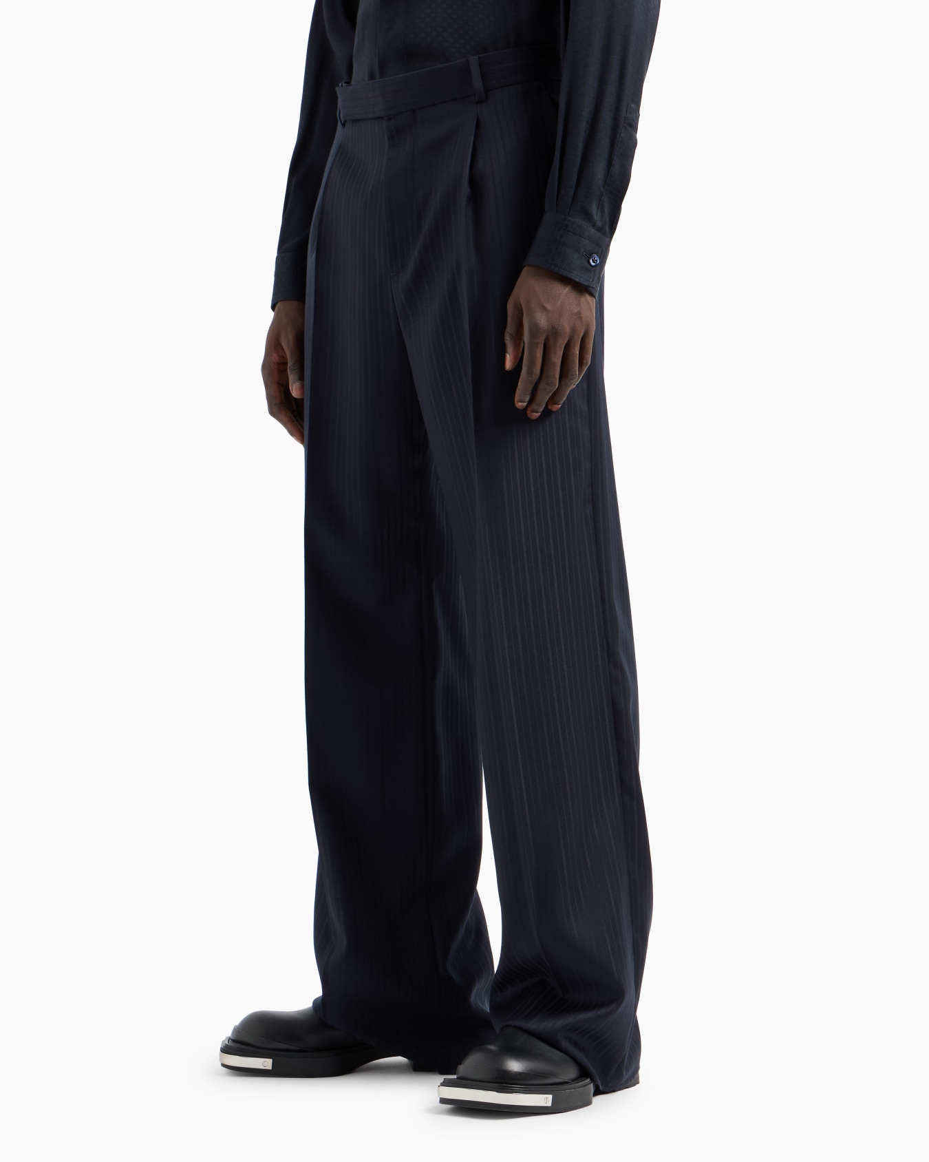 Pinstriped wool satin trousers with pleats Slide 1