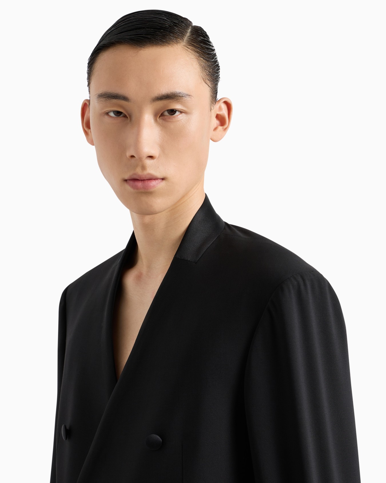Blazer à double boutonnage en toile de laine vierge bi-stretch avec col en satin Diapositive 4