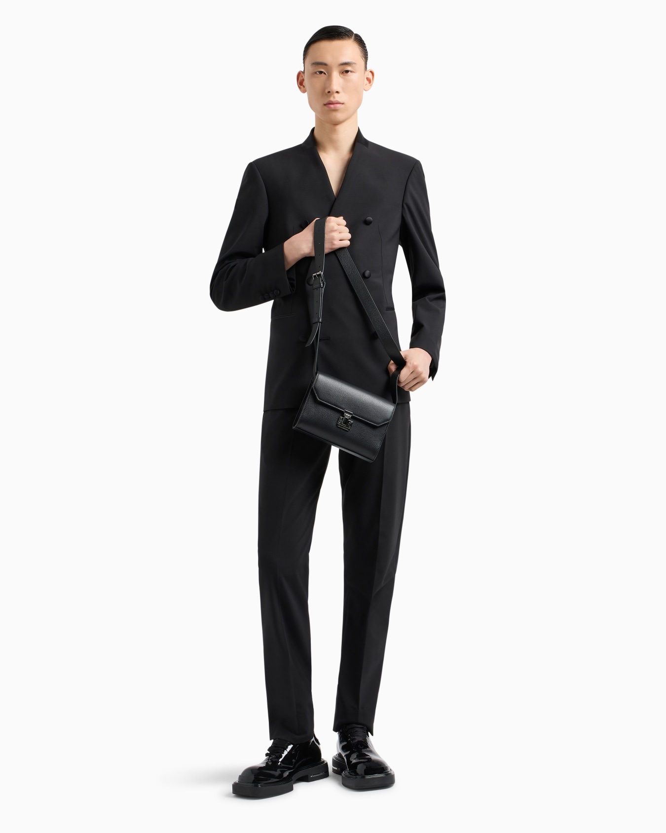Double-breasted blazer in two-way stretch virgin wool canvas with satin collar Slide 3