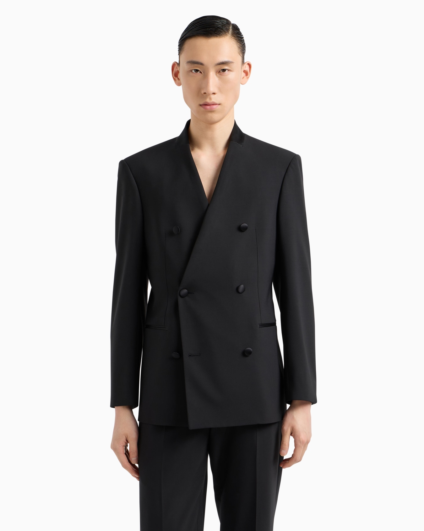 Blazer à double boutonnage en toile de laine vierge bi-stretch avec col en satin Diapositive 3
