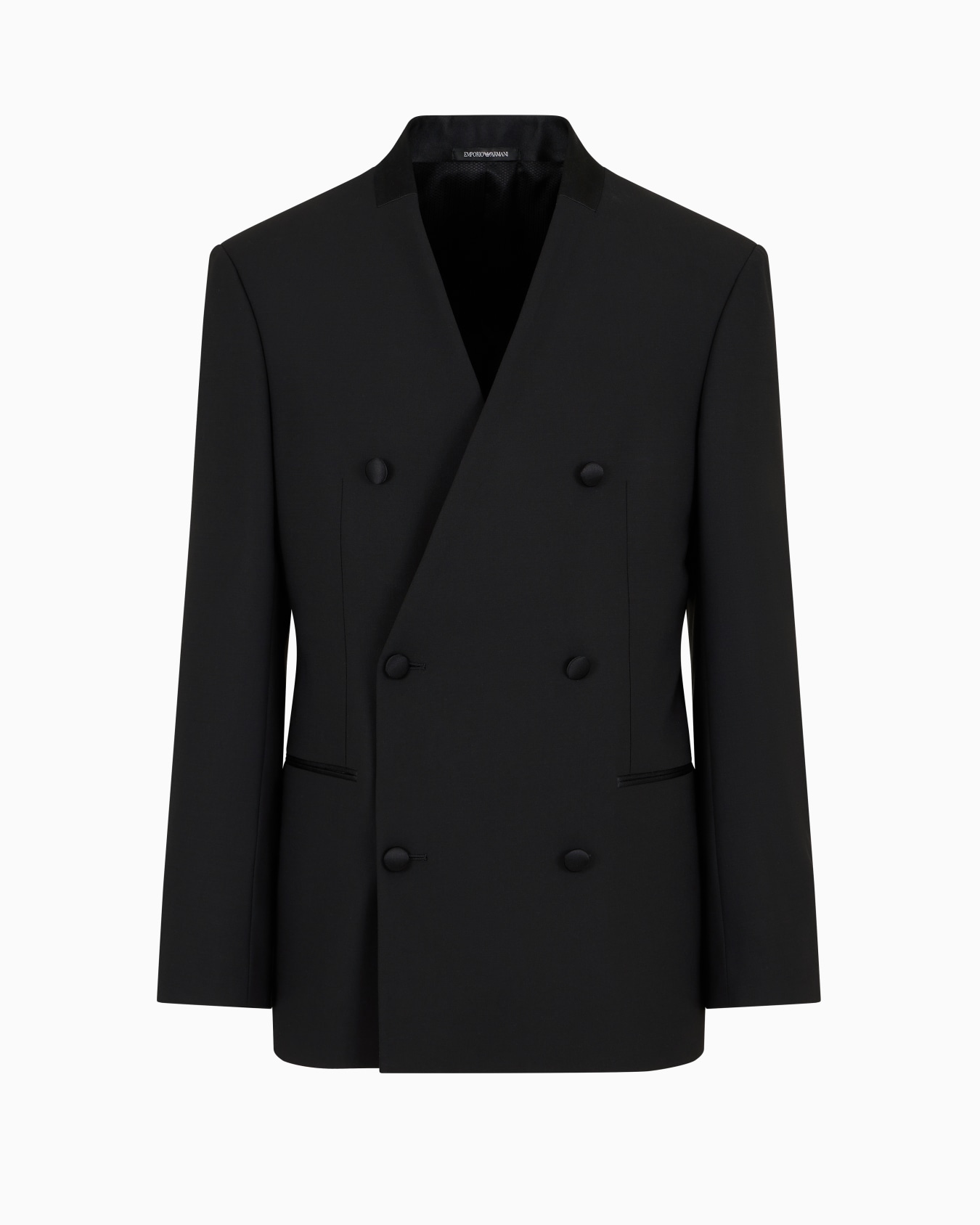 Double-breasted blazer in two-way stretch virgin wool canvas with satin collar Slide 0