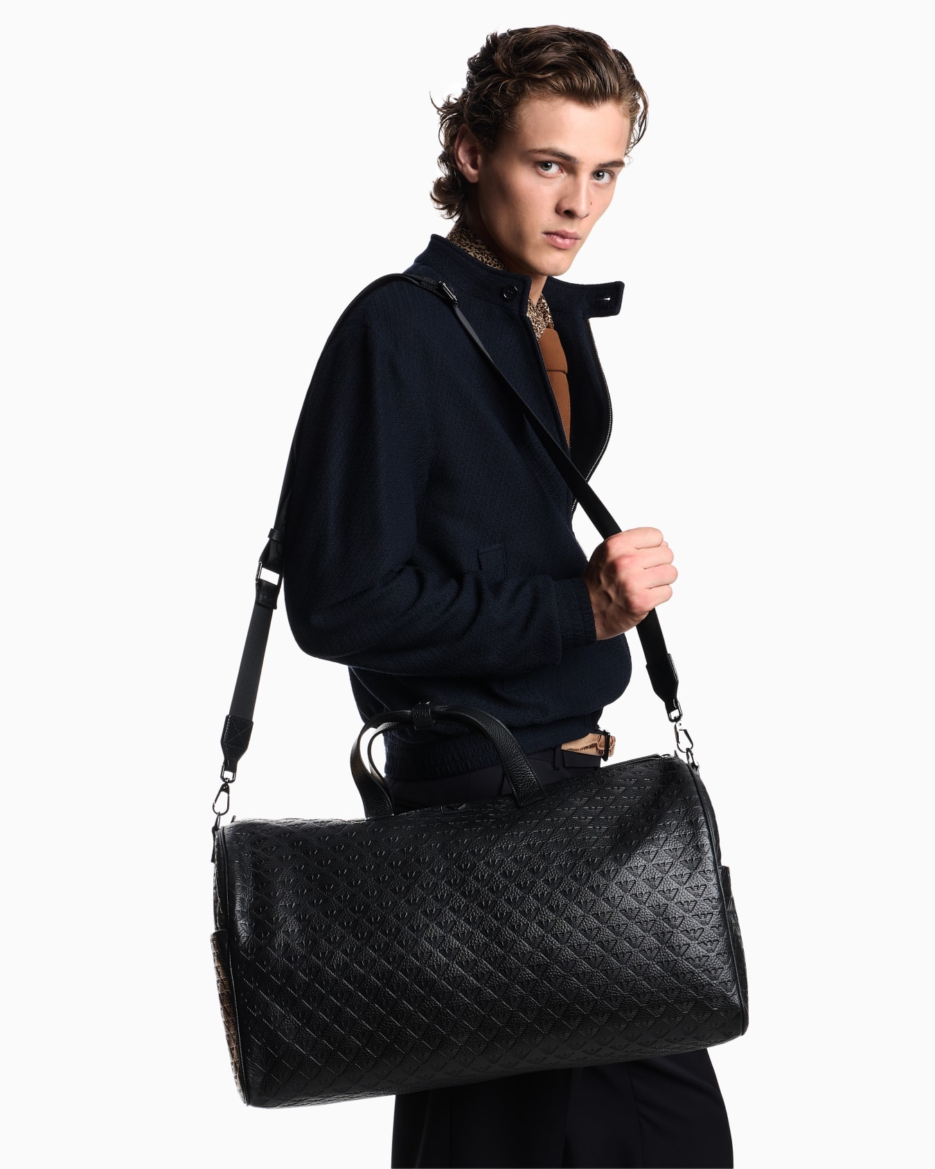 Leather duffel bag with all-over embossed eagle  Slide 6