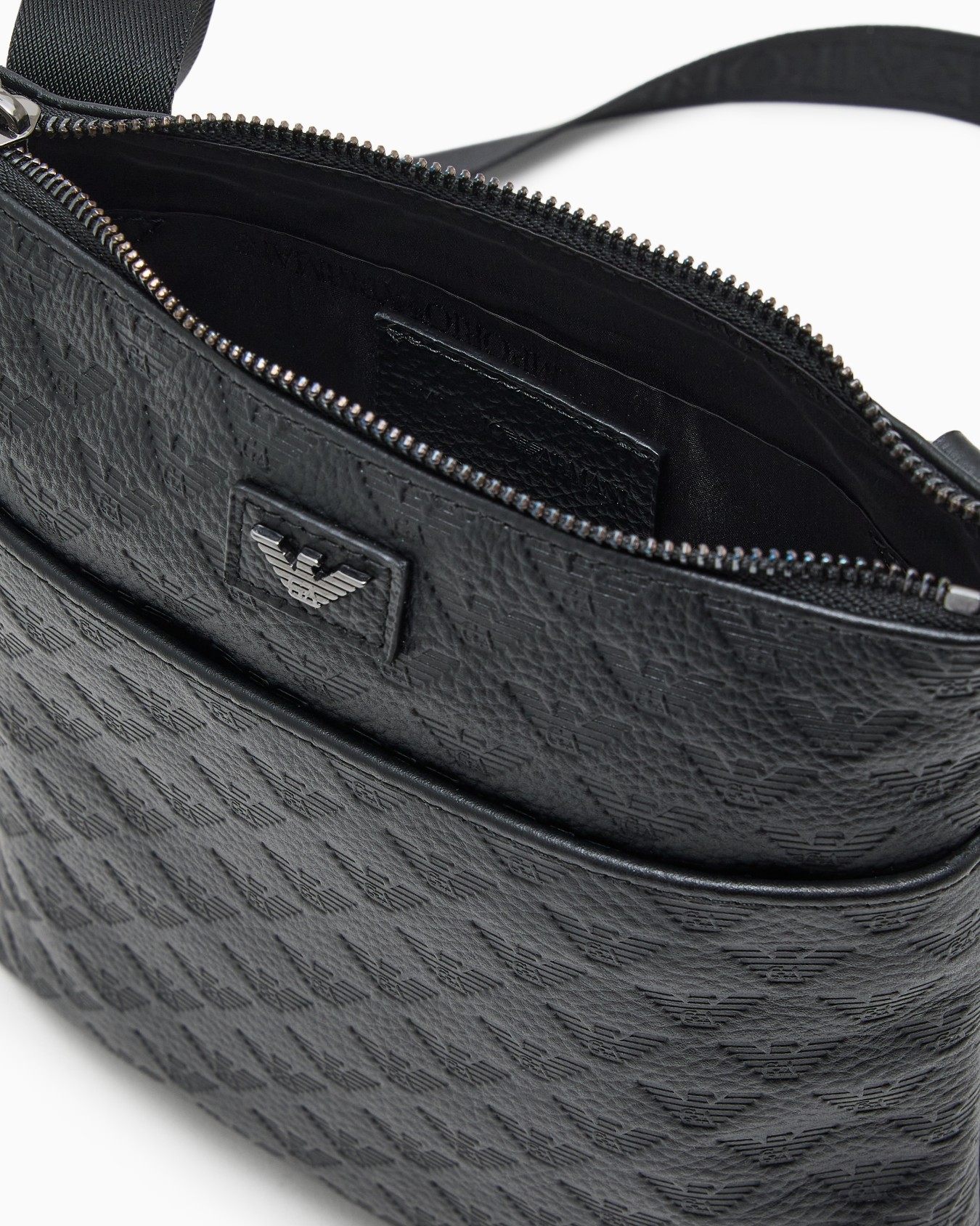 Flat leather shoulder bag with all-over embossed eagle  Slide 3