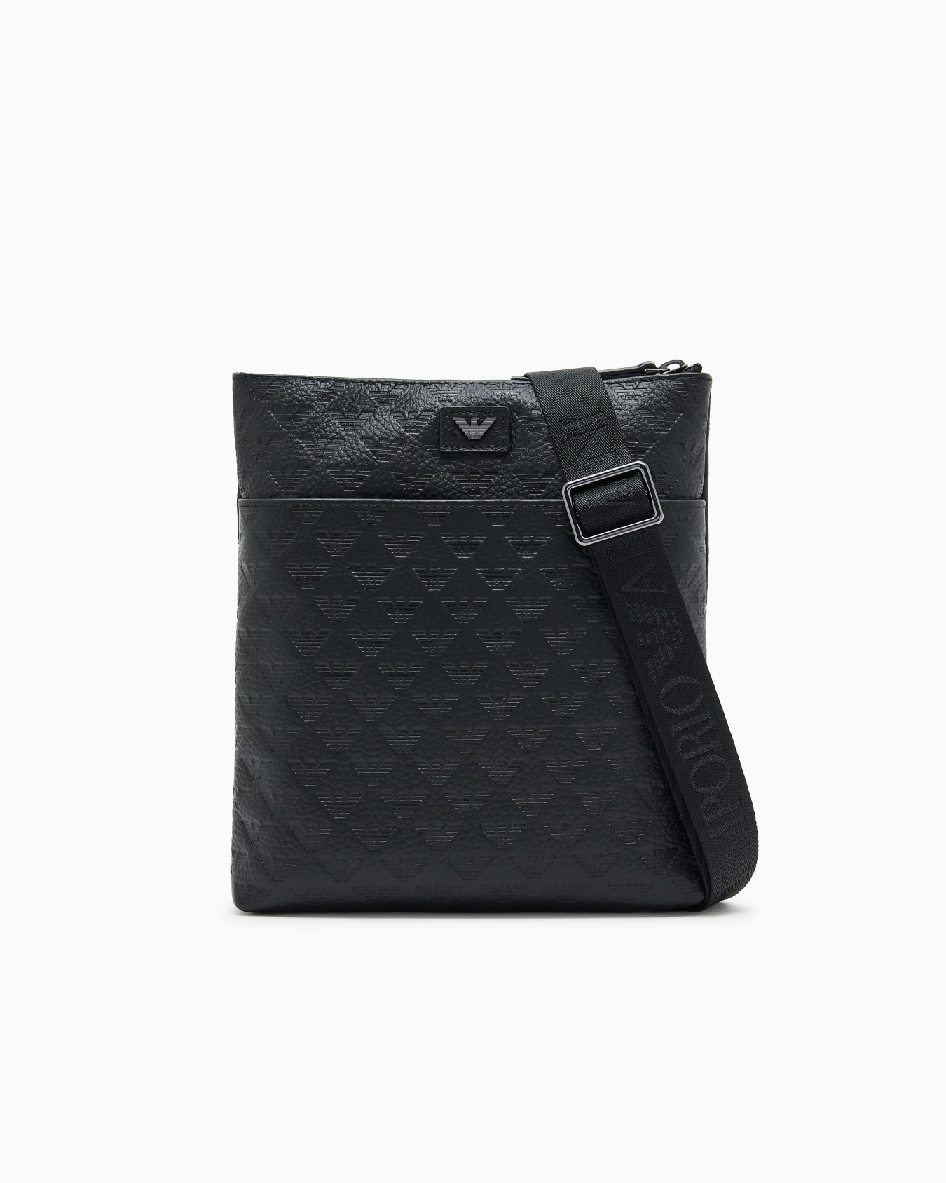 Flat leather shoulder bag with all-over embossed eagle  Slide 0