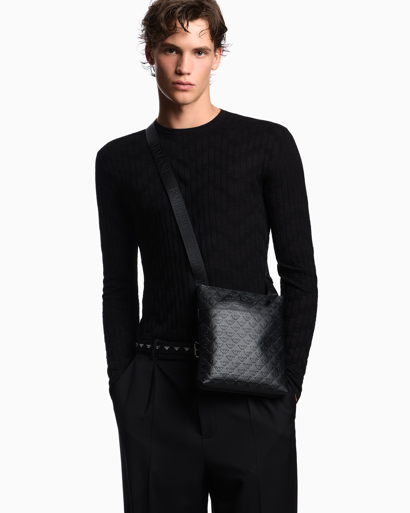 Flat leather shoulder bag with all-over embossed eagle  Slide 5