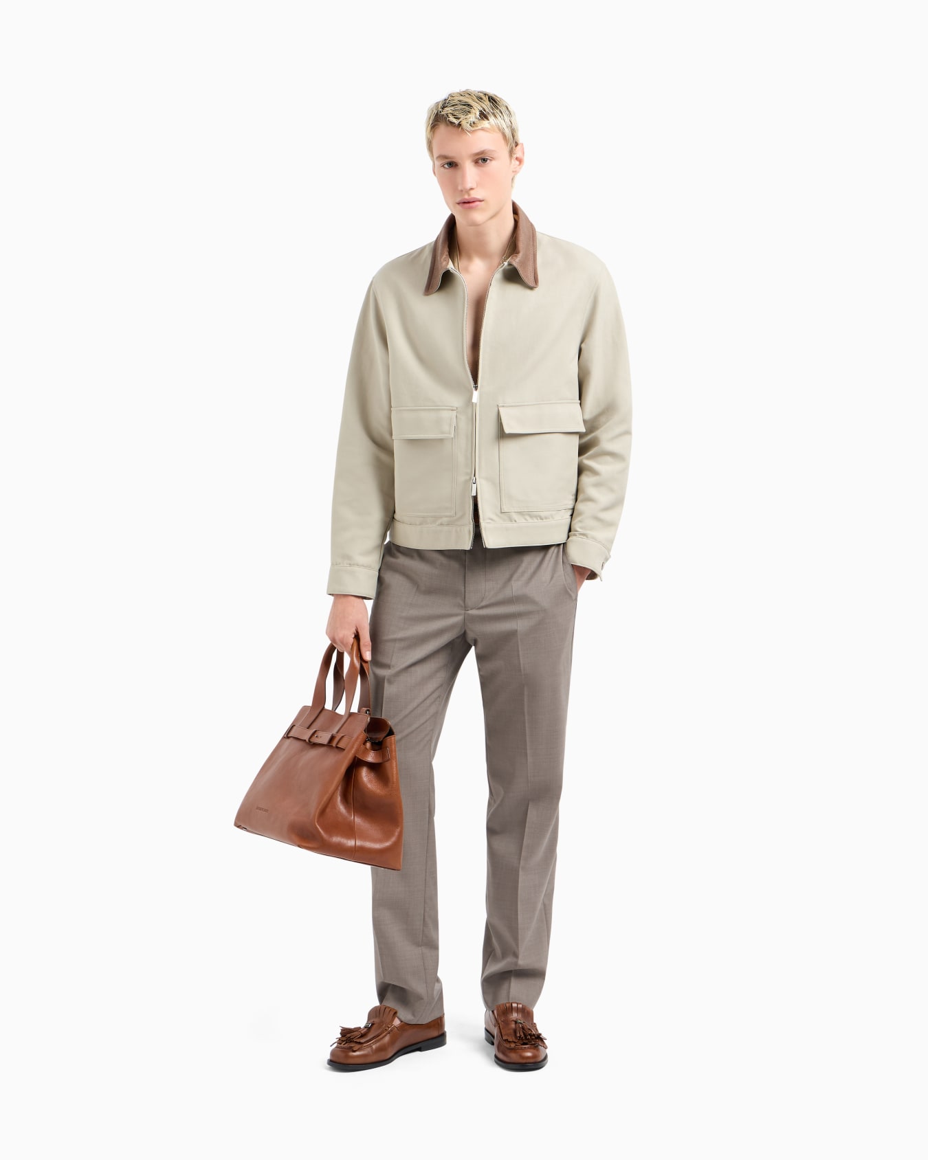 Blouson compact en gabardine avec col en cuir suédé Diapositive 1