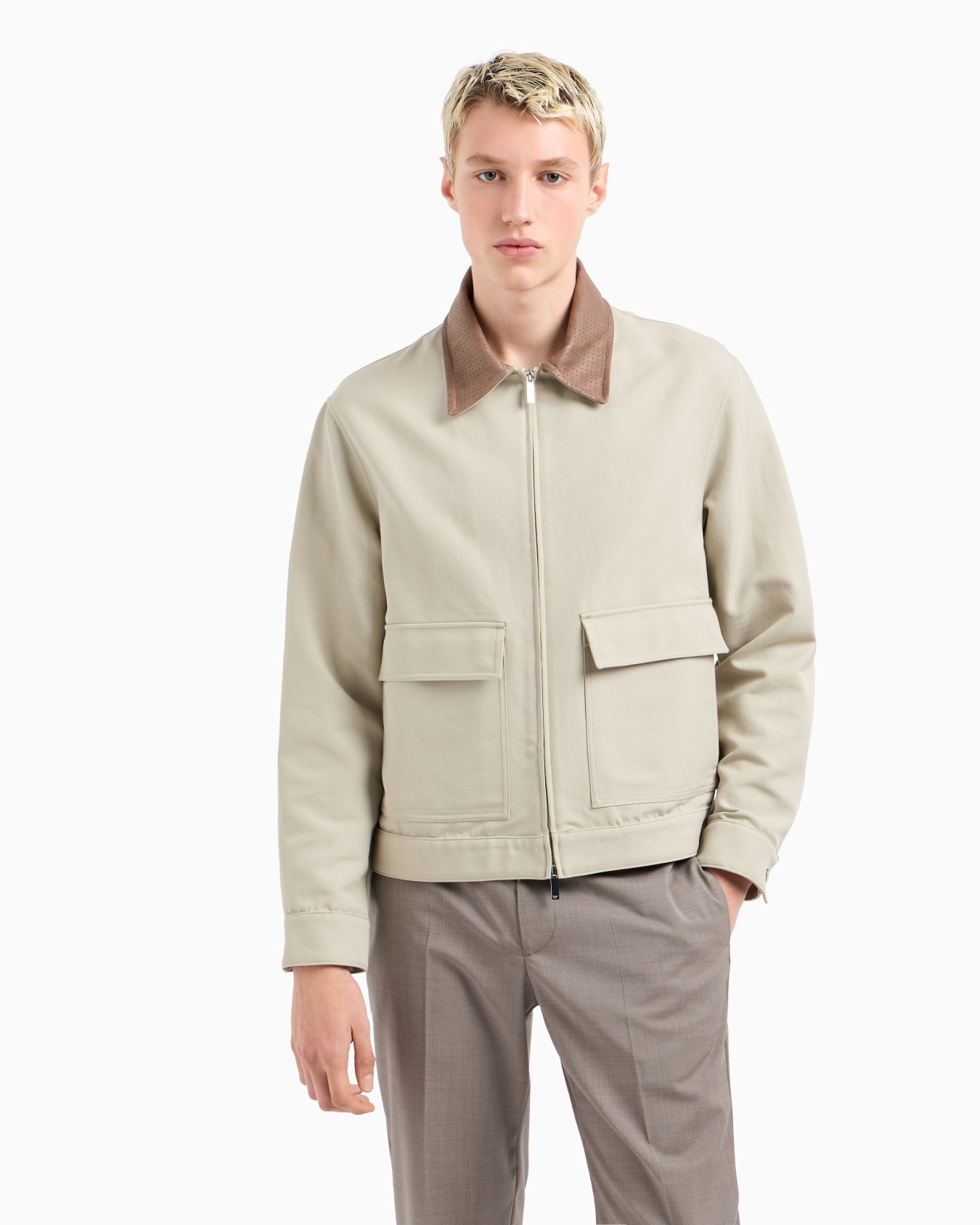 Blouson compact en gabardine avec col en cuir suédé Diapositive 3